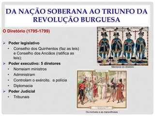 DA NAÇÃO SOBERANA AO TRIUNFO DA
REVOLUÇÃO BURGUESA
O Diretório (1795-1799)
 Poder legislativo
• Conselho dos Quinhentos (faz as leis)
e Conselho dos Anciãos (ratifica as
leis);
 Poder executivo: 5 diretores
• Nomeiam ministros
• Administram
• Controlam o exército, a polícia
• Diplomacia
 Poder Judicial
• Tribunais
Membros do diretório
Os incriveis e as maravilhosas
 