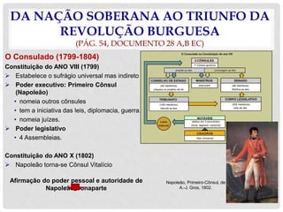 DA NAÇÃO SOBERANA AO TRIUNFO DA
REVOLUÇÃO BURGUESA
(PÁG. 54, DOCUMENTO 28 A,B EC)
O Consulado (1799-1804)
Constituição do ANO VIII (1799)
 Estabelece o sufrágio universal mas indireto
 Poder executivo: Primeiro Cônsul
(Napoleão)
• nomeia outros cônsules
• tem a iniciativa das leis, diplomacia, guerra,
• nomeia juízes.
 Poder legislativo
• 4 Assembleias.
Constituição do ANO X (1802)
 Napoleão torna-se Cônsul Vitalício
Afirmação do poder pessoal e autoridade de
Napoleão Bonaparte
Napoleão, Primeiro-Cônsul, de
A.-J. Gros, 1802.
 