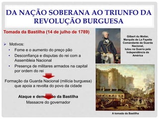 DA NAÇÃO SOBERANA AO TRIUNFO DA
REVOLUÇÃO BURGUESA
Tomada da Bastilha (14 de julho de 1789)
 Motivos:
• Fome e o aumento do preço pão
• Desconfiança e disputas do rei com a
Assembleia Nacional
• Presença de militares armados na capital
por ordem do rei
Formação da Guarda Nacional (milícia burguesa)
que apoia a revolta do povo da cidade
Ataque e demolição da Bastilha
Massacre do governador
A tomada da Bastilha
Gilbert du Motier,
Marquês de La Fayette
Comandante da Guarda
Nacional,
lutou na Guerra pela
Independência da
América
 