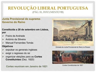 Junta Provisional do supremo
Governo do Reino
Constituída a 28 de setembro em Lisboa,
por
 Freire de Andrade
 António da Silveira
 Manuel Fernandes Tomás
Objetivos
 expulsar os generais ingleses
 exigir o regresso do rei
 organizar eleições para as Cortes
Constituintes (Dez. 1820)
Cortes reuniram em Janeiro de 1821
REVOLUÇÃO LIBERAL PORTUGUESA
(PÁG. 81, DOCUMENTO 9B)
Entrada da Junta Provisional do Reno no Rossio
Cortes Constituintes de 1821
 