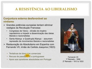 Conjuntura externa desfavorável ao
vintismo
 Grandes potências europeias tentam eliminar
vestigios da Revolução Francesa:
• Congresso de Viena – divisão do império
napoleónico e impedir a disseminação das ideias
liberais e nacionalistas
• Santa Aliança e Quádrupla Aliança - assumem
repressão de movimentos liberais e nacionalistas
 Restauração do Absolutismo em Espanha com
Fernando VII, irmão de Carlota Joaquina (1823)
• Tentativas de bloqueios comerciais
• Recusa de passaportes a portugueses
• Apoio aos opositores absolutistas em Portugal
A RESISTÊNCIA AO LIBERALISMO
Fernando VII
1º Reinado - 1808
2º Reinado – 1813 a 1833
 