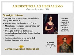 Oposição Interna
Crescente descontentamento na sociedade
portuguesa devido a:
 Agravamento da situação económica
 Mentalidade religiosa e tradicionalista por
parte dos camponeses
 Oposição do Clero e da Nobreza
prejudicados pela abolição dos privilégios
senhoriais
 Apoio ao absolutismo por parte de D.
Carlota Joaquina e D. Miguel
Contra-revolução absolutista
A RESISTÊNCIA AO LIBERALISMO
(Pág. 90, Documento 20A)
D. Carlota
Joaquina
Esposa de D.
João VI, a
rainha que se
recusou a
assinar a
Constituição
D. Miguel
O filho mais
novo de D. João
VI
 