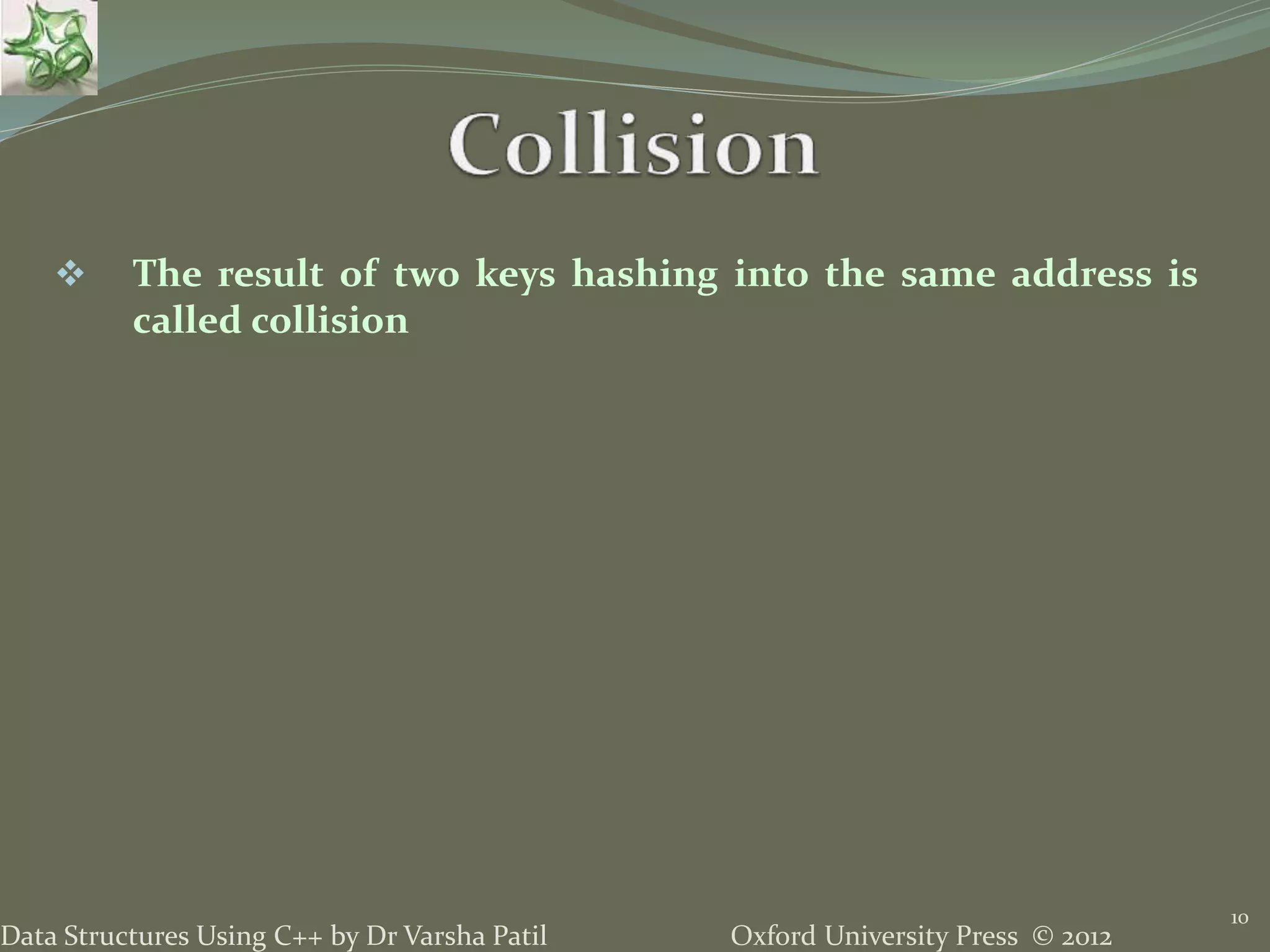 Oxford University Press © 2012Data Structures Using C++ by Dr Varsha Patil
10
 The result of two keys hashing into the same address is
called collision
 