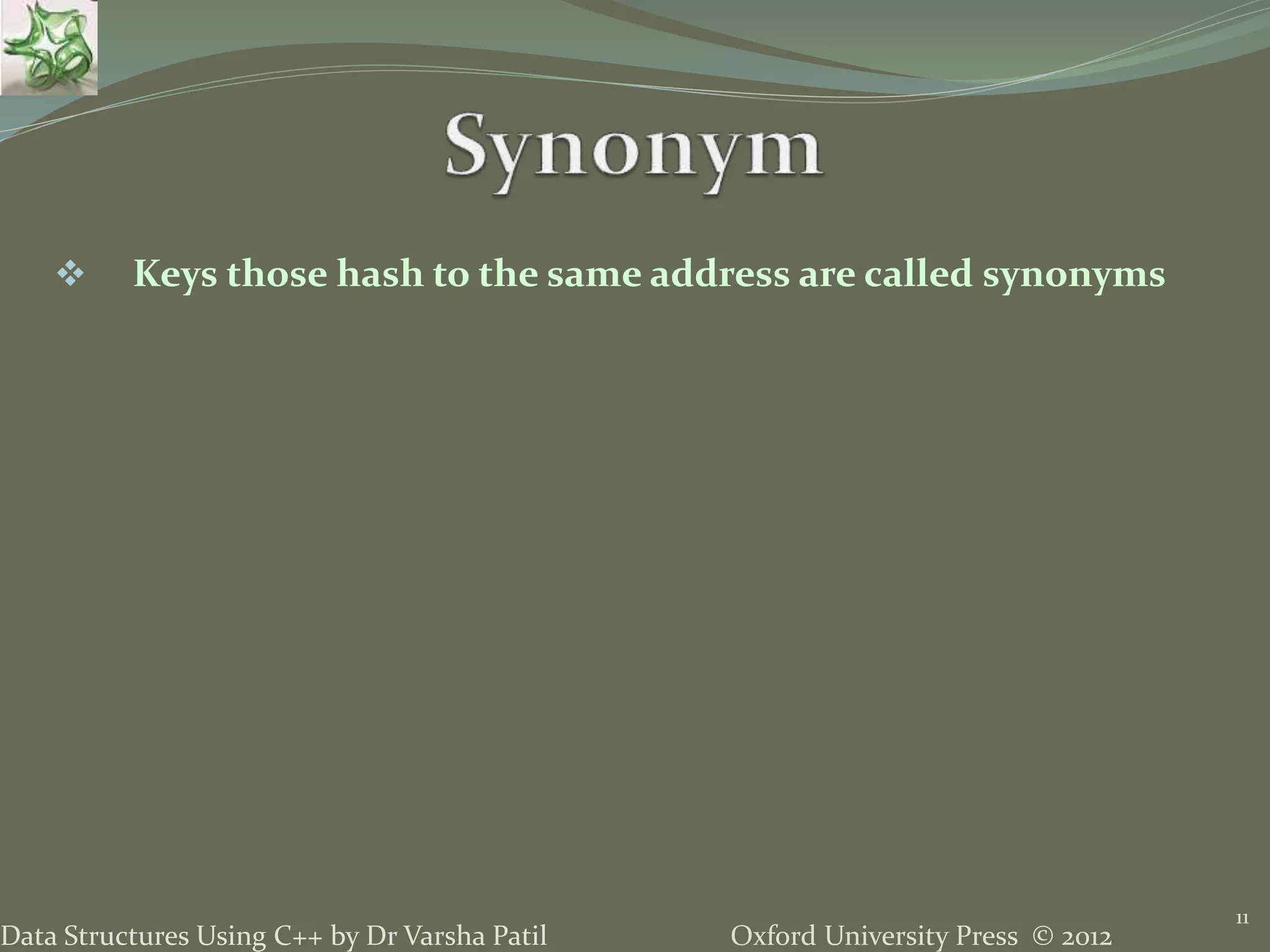 Oxford University Press © 2012Data Structures Using C++ by Dr Varsha Patil
11
 Keys those hash to the same address are called synonyms
 