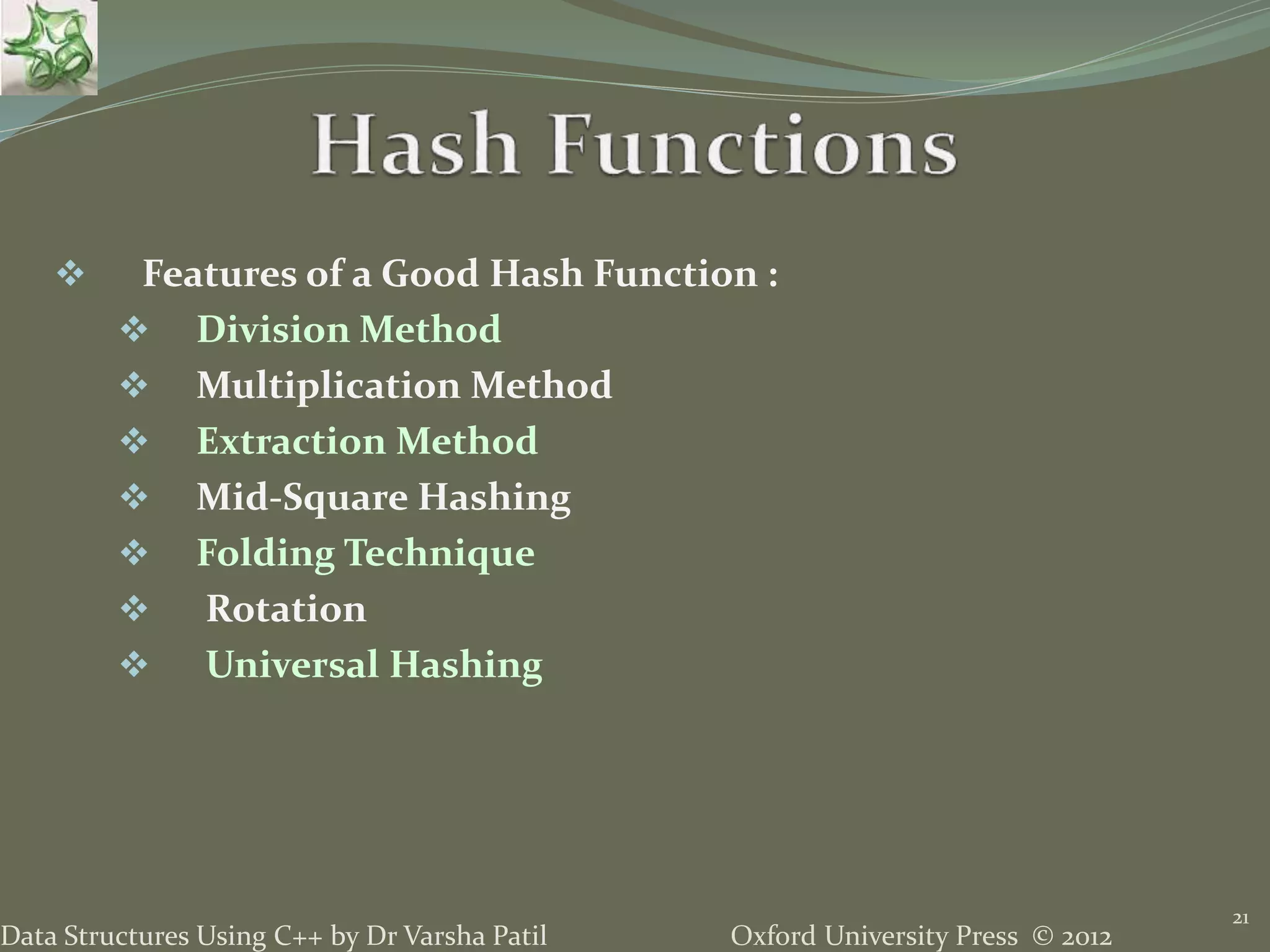 Oxford University Press © 2012Data Structures Using C++ by Dr Varsha Patil
21
 Features of a Good Hash Function :
 Division Method
 Multiplication Method
 Extraction Method
 Mid-Square Hashing
 Folding Technique
 Rotation
 Universal Hashing
 
