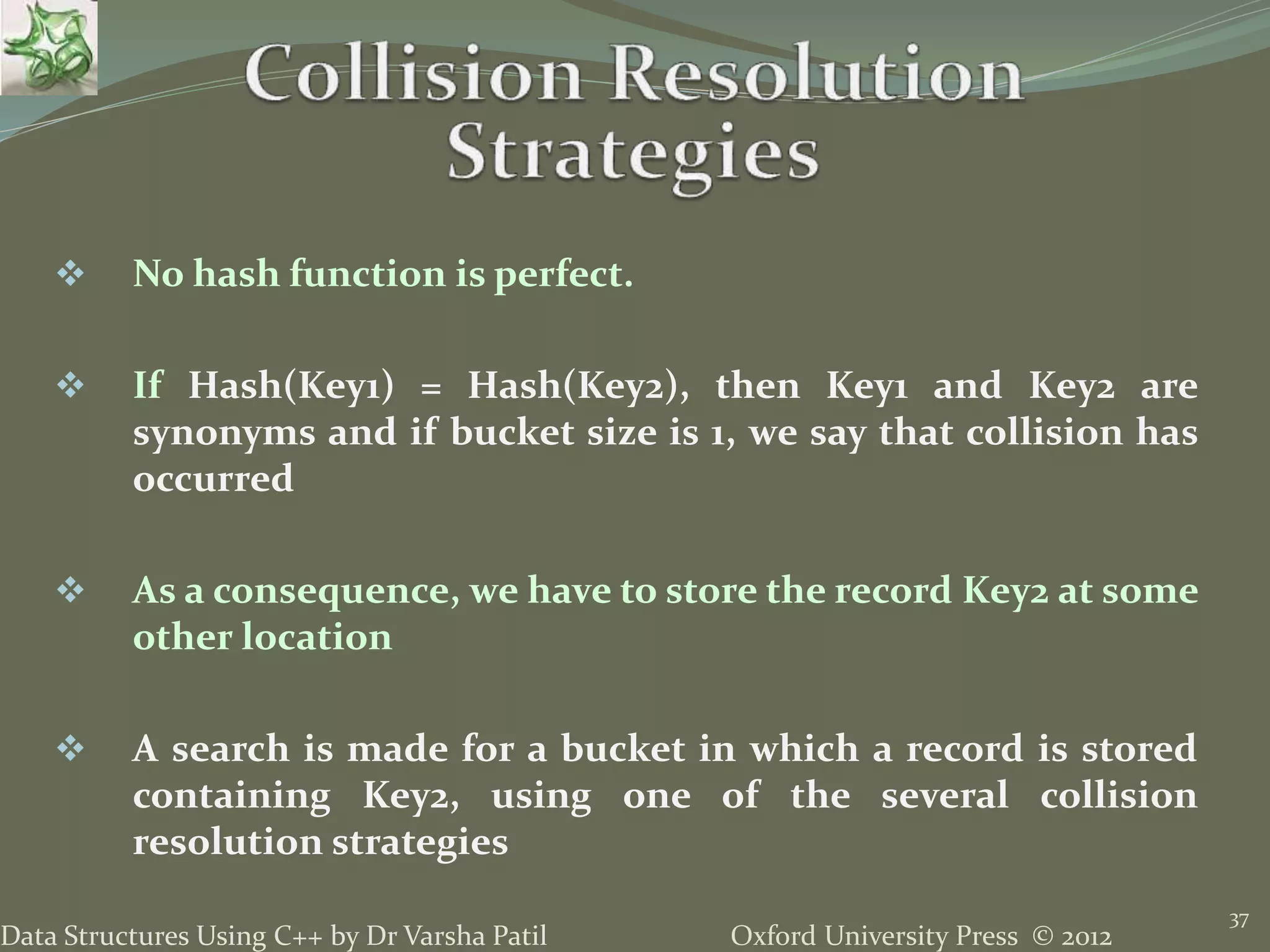 Oxford University Press © 2012Data Structures Using C++ by Dr Varsha Patil
37
 No hash function is perfect.
 If Hash(Key1) = Hash(Key2), then Key1 and Key2 are
synonyms and if bucket size is 1, we say that collision has
occurred
 As a consequence, we have to store the record Key2 at some
other location
 A search is made for a bucket in which a record is stored
containing Key2, using one of the several collision
resolution strategies
 