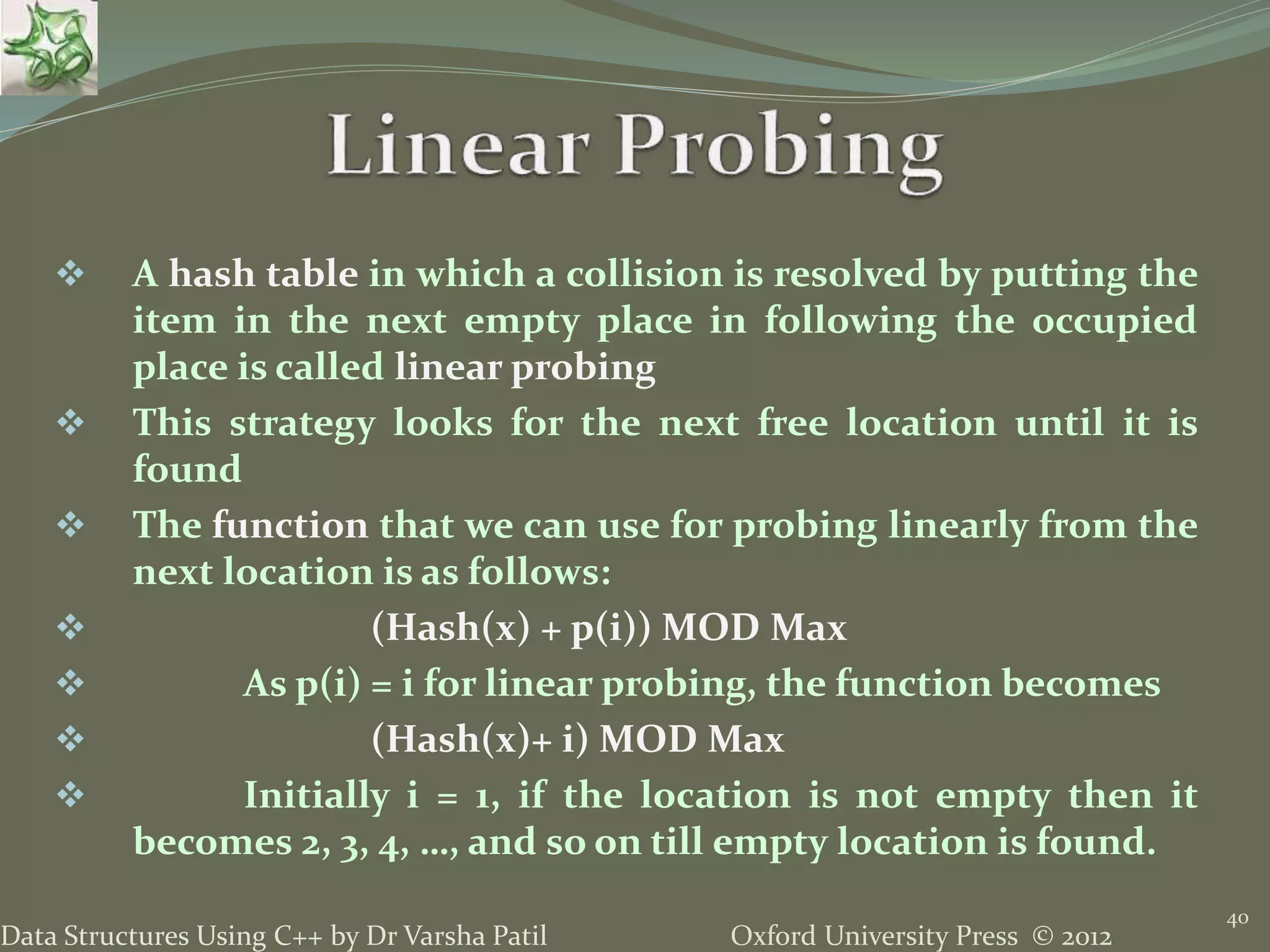 Oxford University Press © 2012Data Structures Using C++ by Dr Varsha Patil
40
 A hash table in which a collision is resolved by putting the
item in the next empty place in following the occupied
place is called linear probing
 This strategy looks for the next free location until it is
found
 The function that we can use for probing linearly from the
next location is as follows:
 (Hash(x) + p(i)) MOD Max
 As p(i) = i for linear probing, the function becomes
 (Hash(x)+ i) MOD Max
 Initially i = 1, if the location is not empty then it
becomes 2, 3, 4, …, and so on till empty location is found.
 