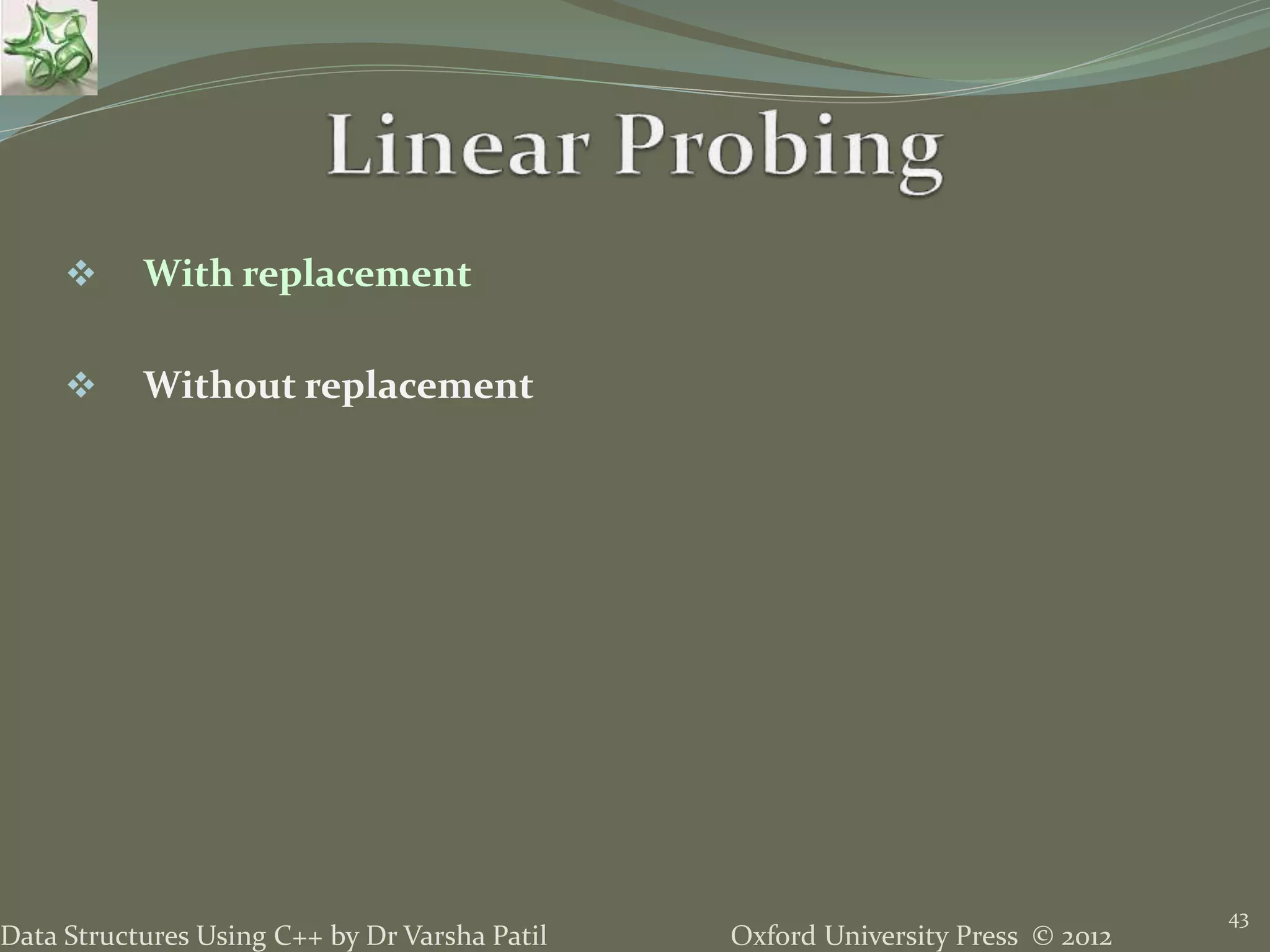 Oxford University Press © 2012Data Structures Using C++ by Dr Varsha Patil
43
 With replacement
 Without replacement
 