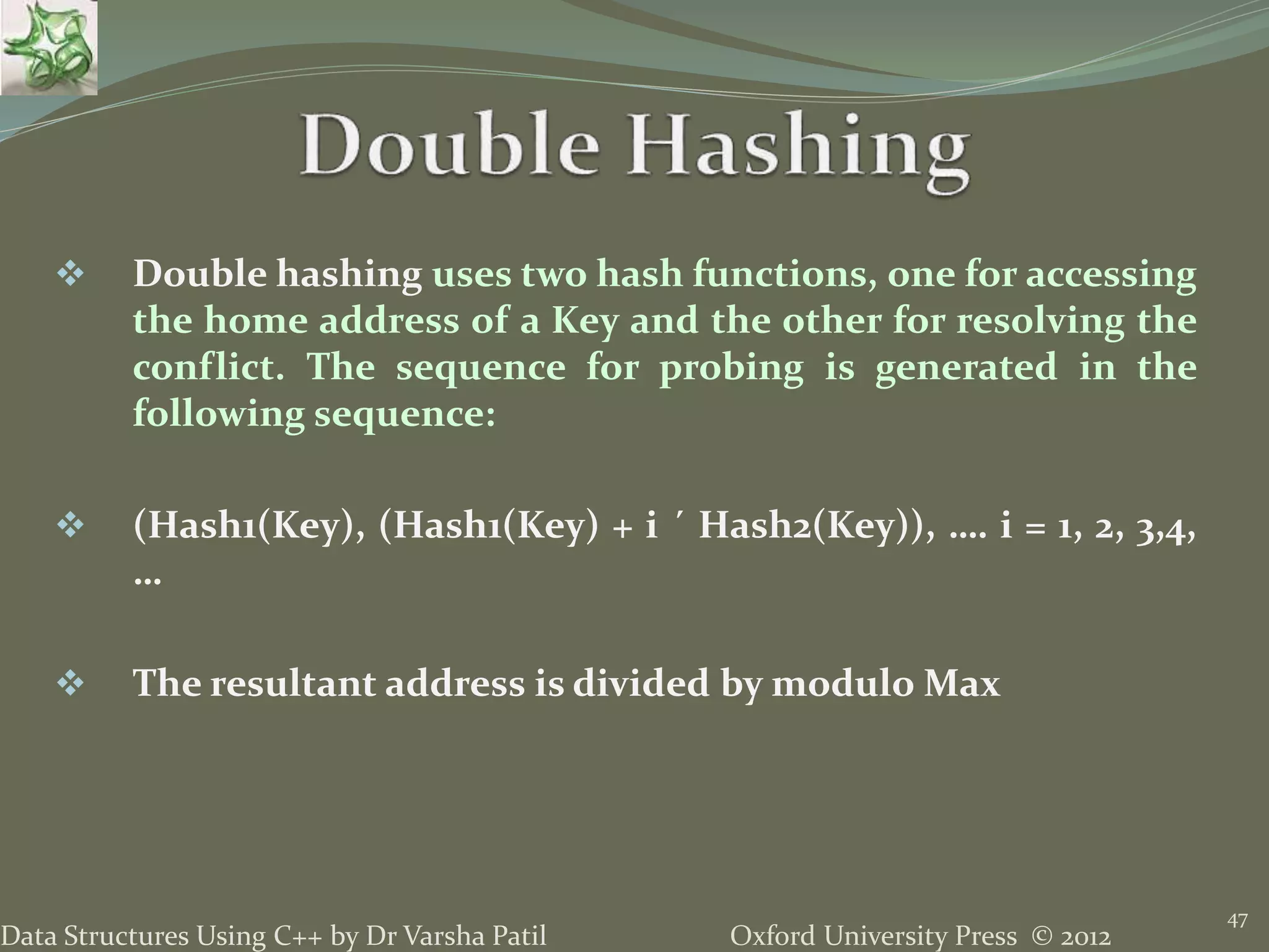 Oxford University Press © 2012Data Structures Using C++ by Dr Varsha Patil
47
 Double hashing uses two hash functions, one for accessing
the home address of a Key and the other for resolving the
conflict. The sequence for probing is generated in the
following sequence:
 (Hash1(Key), (Hash1(Key) + i ´ Hash2(Key)), …. i = 1, 2, 3,4,
…
 The resultant address is divided by modulo Max
 