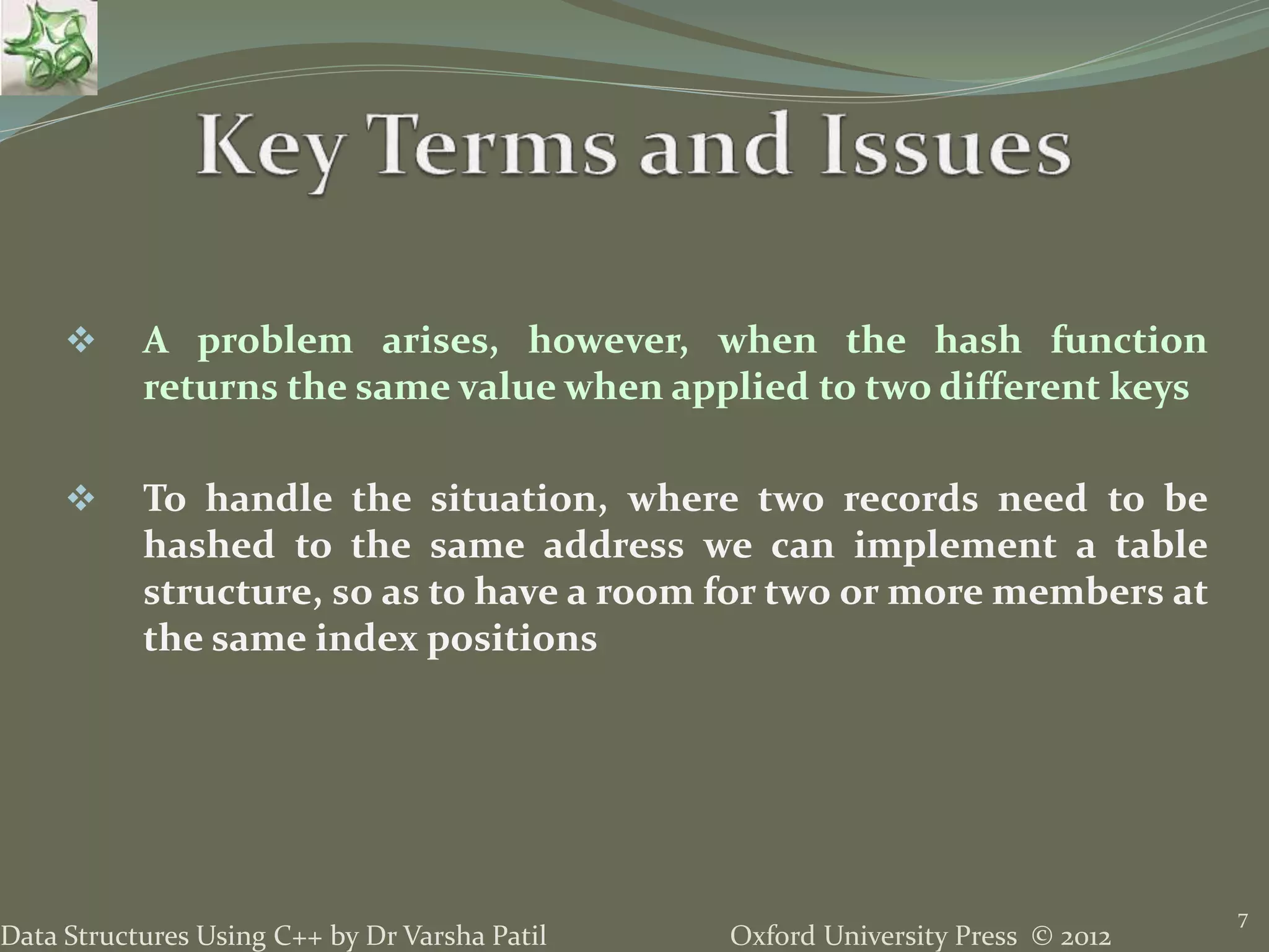 Oxford University Press © 2012Data Structures Using C++ by Dr Varsha Patil
7
 A problem arises, however, when the hash function
returns the same value when applied to two different keys
 To handle the situation, where two records need to be
hashed to the same address we can implement a table
structure, so as to have a room for two or more members at
the same index positions
 