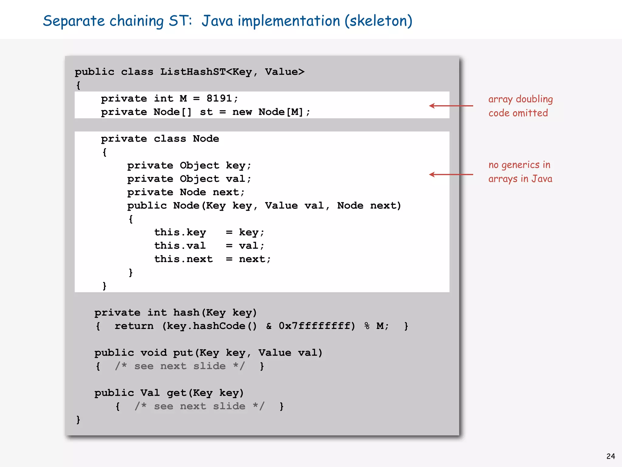 Separate chaining ST: Java implementation (skeleton)


    public class ListHashST<Key, Value>
    {
        private int M = 8191;                              array doubling
        private Node[] st = new Node[M];                   code omitted

         private class Node
         {
             private Object key;                           no generics in
             private Object val;                           arrays in Java
             private Node next;
             public Node(Key key, Value val, Node next)
             {
                 this.key   = key;
                 this.val   = val;
                 this.next = next;
             }
         }

        private int hash(Key key)
        { return (key.hashCode() & 0x7ffffffff) % M;   }

        public void put(Key key, Value val)
        { /* see next slide */ }

        public Val get(Key key)
           { /* see next slide */   }
    }


                                                                            24
 