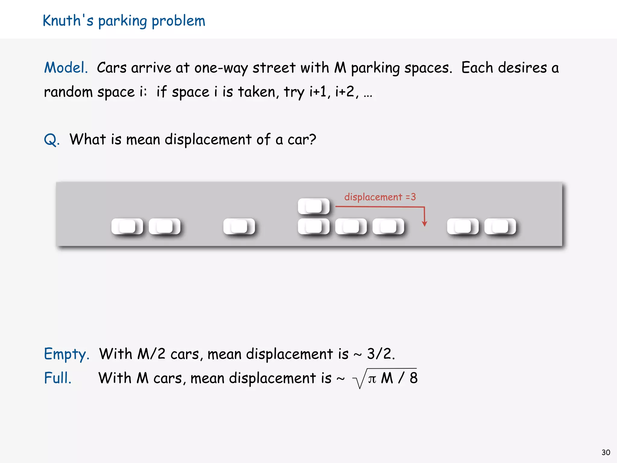 Knuth's parking problem


Model. Cars arrive at one-way street with M parking spaces. Each desires a
random space i: if space i is taken, try i+1, i+2, …


Q. What is mean displacement of a car?


                                               displacement =3




Empty. With M/2 cars, mean displacement is ~ 3/2.
Full.   With M cars, mean displacement is ~         πM/8



                                                                             30
 