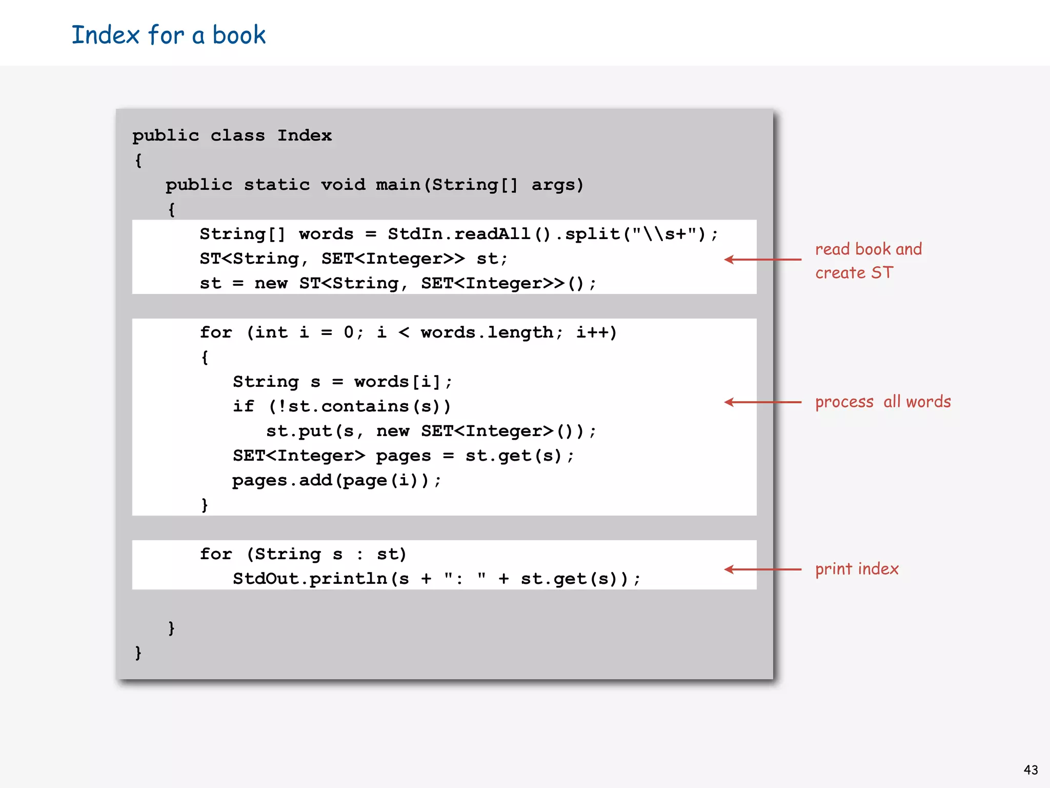 Index for a book


     public class Index
     {
        public static void main(String[] args)
        {
           String[] words = StdIn.readAll().split("s+");
                                                             read book and
           ST<String, SET<Integer>> st;
                                                             create ST
           st = new ST<String, SET<Integer>>();

             for (int i = 0; i < words.length; i++)
             {
                String s = words[i];
                if (!st.contains(s))                         process all words
                   st.put(s, new SET<Integer>());
                SET<Integer> pages = st.get(s);
                pages.add(page(i));
             }

             for (String s : st)
                                                             print index
                StdOut.println(s + ": " + st.get(s));

         }
     }




                                                                                 43
 