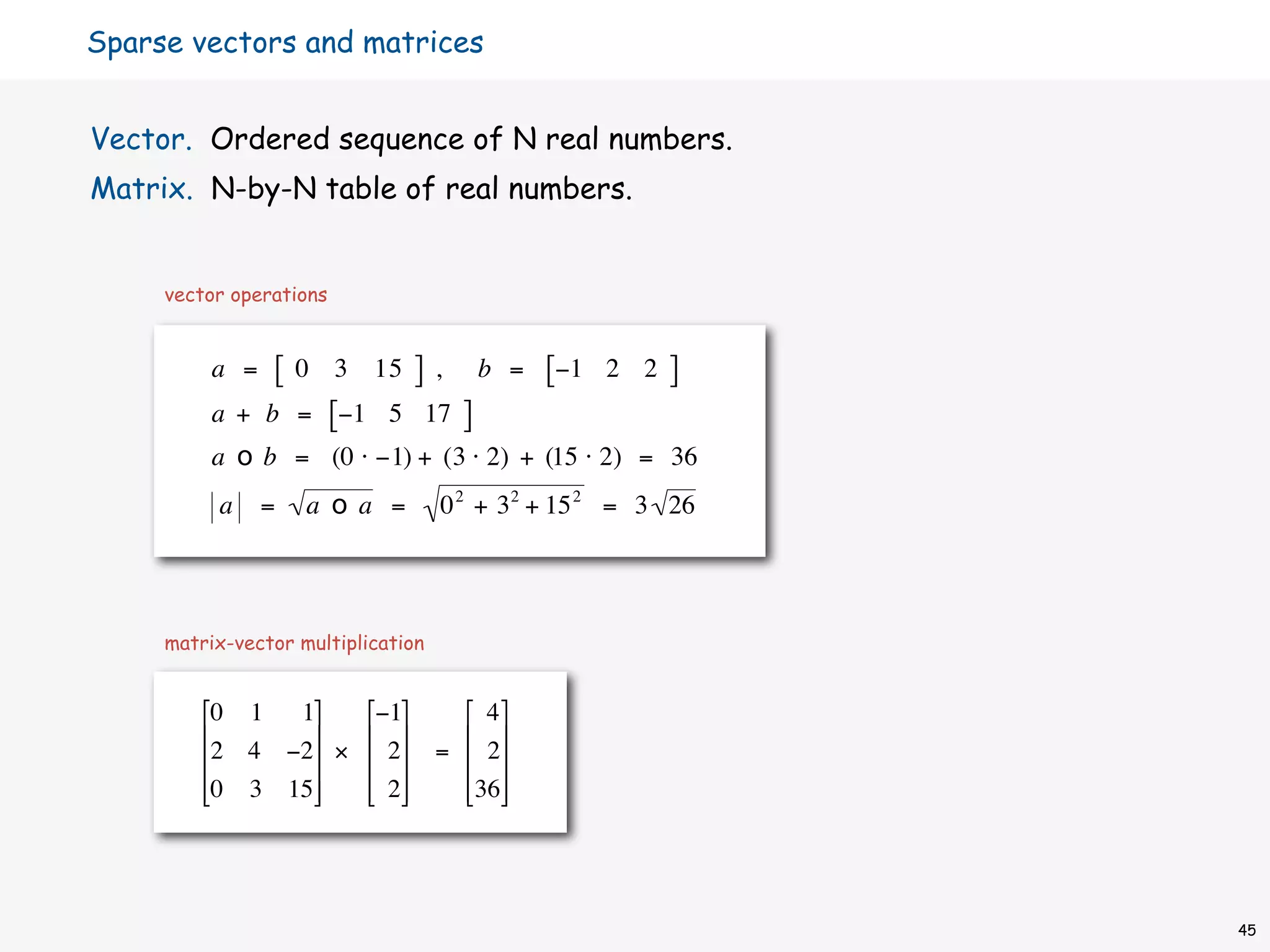 Sparse vectors and matrices


Vector. Ordered sequence of N real numbers.
Matrix. N-by-N table of real numbers.


     vector operations


          a =       [   0 3 15    ]   ,       b =   [−1   2 2   ]
          a + b = [−1 5 17                ]
          a o b = (0 ⋅ −1) + (3 ⋅ 2) + (15 ⋅ 2) = 36
          a     =       a o a =       0 2 + 3 2 + 15 2 = 3 26



 €
     matrix-vector multiplication


        0 1  1   −1    4
                       
        2 4 −2 ×  2 =  2
        0 3 15
                  2
                        36
                           



€
                                                                    45
 