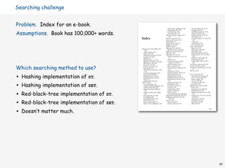 Searching challenge


Problem. Index for an e-book.
Assumptions. Book has 100,000+ words.




Which searching method to use?
•   Hashing implementation of ST.
•   Hashing implementation of SET.
•   Red-black-tree implementation of ST.
•   Red-black-tree implementation of SET.
•   Doesn’t matter much.




                                            42
 