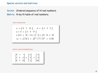 Sparse vectors and matrices


Vector. Ordered sequence of N real numbers.
Matrix. N-by-N table of real numbers.


     vector operations


          a =       [   0 3 15    ]   ,       b =   [−1   2 2   ]
          a + b = [−1 5 17                ]
          a o b = (0 ⋅ −1) + (3 ⋅ 2) + (15 ⋅ 2) = 36
          a     =       a o a =       0 2 + 3 2 + 15 2 = 3 26



 €
     matrix-vector multiplication


        0 1  1   −1    4
                       
        2 4 −2 ×  2 =  2
        0 3 15
                  2
                        36
                           



€
                                                                    45
 