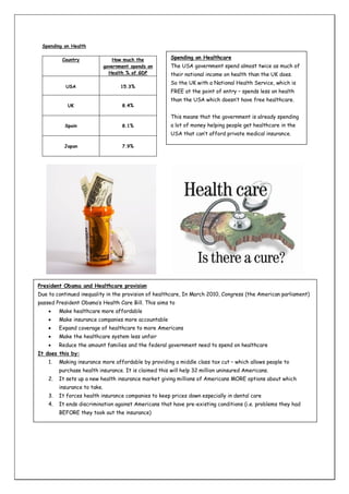 Spending on Health
Country

How much the
government spends on
Health % of GDP

USA

15.3%

UK

Spending on Healthcare
The USA government spend almost twice as much of
their national income on health than the UK does.
So the UK with a National Health Service, which is

8.4%

FREE at the point of entry – spends less on health
than the USA which doesn’t have free healthcare.
This means that the government is already spending

Spain

8.1%

a lot of money helping people get healthcare in the
USA that can’t afford private medical insurance.

Japan

7.9%

President Obama and Healthcare provision
Due to continued inequality in the provision of healthcare, In March 2010, Congress (the American parliament)
passed President Obama’s Health Care Bill. This aims to


Make healthcare more affordable



Make insurance companies more accountable



Expand coverage of healthcare to more Americans



Make the healthcare system less unfair



Reduce the amount families and the federal government need to spend on healthcare

It does this by:
1.

Making insurance more affordable by providing a middle class tax cut – which allows people to
purchase health insurance. It is claimed this will help 32 million uninsured Americans.

2.

It sets up a new health insurance market giving millions of Americans MORE options about which
insurance to take.

3.

It forces health insurance companies to keep prices down especially in dental care

4.

It ends discrimination against Americans that have pre-existing conditions (i.e. problems they had
BEFORE they took out the insurance)

 