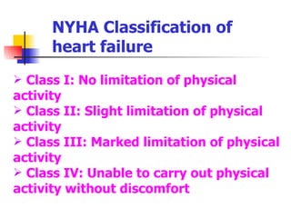 NYHA Classification of heart failure Class I: No limitation of physical activity Class II: Slight limitation of physical activity Class III: Marked limitation of physical activity Class IV: Unable to carry out physical activity without discomfort 