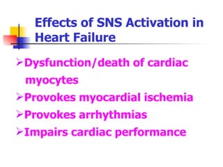 Effects of SNS Activation in Heart Failure Dysfunction/death of cardiac  myocytes Provokes myocardial ischemia Provokes arrhythmias Impairs cardiac performance 