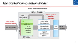 100 MCUs
10000Connections
HCU
Synaptic
Memory
(25 MB)
MCU
State Vector
MCU Row
HCU =  MCUs
The BCPNN Computation Model
Input Spike
Computation
10 000 Spikes/s
100 × 100
Spikes/s
Support
Computation
100 / s
Output Spike
Computation
Delay
Buffer
19
Human Scale Cortex Dimensions
High Level of
Temporal Locality
Column updates
are more
expensive
 