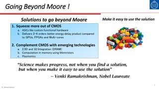 © Ahmed Hemani
2
Going Beyond Moore !
1. Squeeze more out of CMOS
a. ASICs like custom functional hardware
b. Delivers 2-4 orders better energy-delay product compared
to GPUs, FPGAs and Multi-cores
2. Complement CMOS with emerging technologies
a. 2.5D and 3D Integration (DRAM)
b. Computation in memory using Memristors
c. Plasmonics
“Science makes progress, not when you find a solution,
but when you make it easy to use the solution”
-- Venki Ramakrishnan, Nobel Laureate
Solutions to go beyond Moore Make it easy to use the solution
 