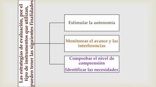 Lasestrategiasdeevaluación,porel
tipodeinstrumentosqueutilizan,
puedentenerlassiguientesfinalidades
Estimular la autonomía
Monitorear el avance y las
interferencias
Comprobar el nivel de
comprensión
Identificar las necesidades
 