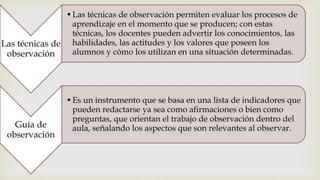 Las técnicas de
observación
•Las técnicas de observación permiten evaluar los procesos de
aprendizaje en el momento que se producen; con estas
técnicas, los docentes pueden advertir los conocimientos, las
habilidades, las actitudes y los valores que poseen los
alumnos y cómo los utilizan en una situación determinadas.
Guía de
observación
•Es un instrumento que se basa en una lista de indicadores que
pueden redactarse ya sea como afirmaciones o bien como
preguntas, que orientan el trabajo de observación dentro del
aula, señalando los aspectos que son relevantes al observar.
 