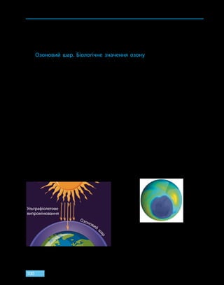 ТЕМА 4. НЕОРГАНІЧНІ РЕЧОВИНИ
І
ЇХНІ ВЛАСТИВОСТІ
100
стерилізації посуду. На деяких водоочисних станціях, перед подачею
води у водогін, замість хлору крізь воду пропускають потужний стру-
мінь збагаченого озоном повітря. Озонування води набагато безпечніше
за хлорування, але значно дорожче, тому поки що не дуже поширене.
Озоновий шар. Біологічне значення озону
Життя на Землі без озону було б неможливим. Озон в атмосфері
захищає біосферу Землі від згубного для всього живого ультрафіолето-
вого випромінювання Сонця.
На висоті 15–20 км та 55–60 км атмосферний кисень поглинає уль-
трафіолетове випромінювання дуже небезпечного для життя діапазону,
молекули кисню розпадаються на атоми, й утворюються молекули озону:
O2
hν
 → 2O O2  +  O  → O3
Молекули озону також поглинають ультрафіолет і розпадаються:
O3
hν
 → O2 + O
У такий спосіб молекули кисню й озону безперервно перетворю-
ються одна на одну й разом із тим захищають живі організми на по-
верхні планети від ультрафіолету (мал. 19.5). Завдяки цим процесам
до поверхні Землі потрапляє лише так званий «м’який ультрафіолет»
у кількості десь 1  % від того, що йде від Сонця до Землі. Саме через
«м’який» ультрафіолет виникає засмага, можуть статися сонячні опіки,
а за дуже тривалого перебування на відкритому сонці навіть пошко-
дження шкіри. Утім, знищувальної дії він не має. Шар атмосфери,
у якому відбувається утворення озону в розглянутий спосіб, називають
озоновим шаром.
Ультрафіолетове
випромінювання
Озоновий
ш
ар
Мал. 19.5. Озоновий шар у стратосфері
захищає живі організми на Землі від шкід-
ливого ультрафіолетового випромінювання
Мал. 19.6. Озонова діра над Антарктидою
(синім позначено ділянку зі зменшеним
умістом озону). Її розмір та вміст озону
коливаються залежно від пори року: від
повної відсутності до доволі критичних
розмірів. 2011 року вона «зачепила» пів-
день Австралії, що спричинило суттєву
зміну погоди — засуху
 