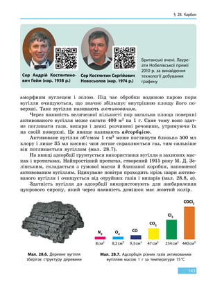 § 28.
К
арбон
143
Британські вчені. Лауре-
ати Нобелівської премії
2010 р. за винайдення
технології добування
графену
Сер Андрій Костянтино-
вич Гейм (нар. 1958 р.)
Сер Костянтин Сергійович
Новосьолов (нар. 1974 р.)
Мал. 28.6. Деревне вугілля
зберігає структуру деревини
Мал. 28.7. Адсорбція різних газів активованим
вугіллям масою 1 г за температури 15 °С
N2 O2
CO
CO2
Cl2
COCl2
8 см3 8,2 см3 9,3 см3 47 см3 234 см3 440 см3
аморф­ним вуглецем і золою. Під час обробки водяною парою пори
вугілля очищуються, що значно збільшує внутрішню площу його по-
верхні. Таке вугілля називають активованим.
Через наявність величезної кількості пор загальна площа поверхні
активованого вугілля може сягати 400 м2 на 1 г. Саме тому воно здат-
не поглинати гази, випари і деякі розчинені речовини, утримуючи їх
на  своїй поверхні. Це явище називають адсорбцією.
Активоване вугілля об’ємом 1 см3 може поглинути близько 500 мл
хлору і лише 35 мл кисню: чим легше скраплюється газ, тим сильніше
він поглинається вугіллям (мал. 28.7).
На явищі адсорбції ґрунтується використання вугілля в захисних мас­
ках і протигазах. Найпростіший протигаз, створений 1915 року М. Д. Зе-
лінським, складається з гумової маски й бляшаної коробки, наповненої
активованим вугіллям. Вдихуване повітря проходить крізь шари активо-
ваного вугілля і очищується від отруйних газів і випарів (мал. 28.8, а).
Здатність вугілля до адсорбції використовують для знебарвлення
цукрового сиропу, який через наявність домішок має жовтий колір.
 