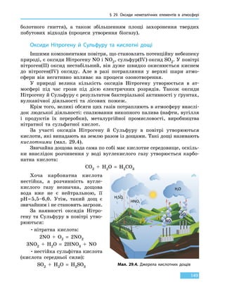 § 29. Оксиди неметалічних елементів в атмосфері
149
болотного гниття), а також збільшенням площі захоронення твердих
побутових відходів (процеси утворення біогазу).
Оксиди Нітрогену й Сульфуру та кислотні дощі
Іншими компонентами повітря, що становлять потенційну небезпеку
природі, є оксиди Нітрогену NO і NO2, сульфур(IV) оксид SO2. У повітрі
нітроген(II) оксид нестабільний, він дуже швидко окиснюється киснем
до нітроген(IV) оксиду. Але в разі потрапляння у верхні шари атмо­
сфери він негативно впливає на процеси озонотворення.
У природі велика кількість оксидів Нітрогену утворюється в ат-
мосфері під час грози під дією електричних розрядів. Також оксиди
Нітрогену й Сульфуру є результатом бактеріальної активності у ґрунтах,
вулканічної діяльності та лісових пожеж.
Крім того, великі обсяги цих газів потрапляють в атмосферу внаслі-
док людської діяльності: спалювання викопного палива (нафти, вугілля
і продуктів їх переробки), металургійної промисловості, виробництва
нітратної та сульфатної кислот.
За участі оксидів Нітрогену й Сульфуру в повітрі утворюються
кислоти, які випадають на землю разом із дощами. Такі дощі називають
кислотними (мал. 29.4).
Звичайна дощова вода сама по собі має кислотне середовище, оскіль-
ки внаслідок розчинення у воді вуглекислого газу утворюється карбо-
натна кислота:
CO2 + H2O  = H2CO3
Хоча карбонатна кислота
нестійка, а розчинність вугле-
кислого газу незначна, дощова
вода вже не є нейтральною, її
pH ≈ 5,5–6,0. Утім, такий дощ є
звичайним і не становить загрози.
За наявності оксидів Нітро-
гену та Сульфуру в повітрі утво-
рюються:
•	нітратна кислота:
2NO  +  O2  =  2NO2
3NO2 + H2O  =  2HNO3  +  NO
•	нестійка сульфітна кислота
(кислота середньої сили):
SO2 + H2O  = H2SO3
Мал. 29.4. Джерела кислотних дощів
 