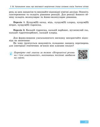 § 38. Узагальнення знань про властивості неорганічних сполук основних класів. Генетичні зв’язки
207
рень за цим ланцюгом та виконайте відповідні хімічні досліди. Опишіть
спостереження та складіть рівняння реакцій. Для реакції йонного об-
міну складіть молекулярне та йонно-молекулярне рівняння.
Перелік 1. Купрум(II) оксид, мідь, купрум(II) хлорид, купрум(II)
нітрат, купрум(II) гідроксид.
Перелік 2. Кальцій гідроксид, кальцій карбонат, вуглекислий газ,
кальцій гідрогенкарбонат, кальцій хлорид.
Для формулювання узагальнюючого висновку використайте відпо-
відь на запитання:
На чому ґрунтується можливість складання ланцюга перетворень
для ілюстрації генетичних зв’язків між класами сполук?
Перевірте свої знання за темою «Неорганічні речови-
ни і їхні властивості», виконавши тестові завдання
на сайті.
 