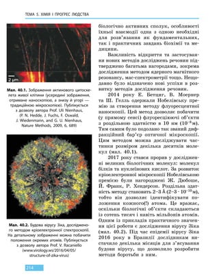 ТЕМА 5. ХІМІЯ
І
ПРОГРЕС
Л
ЮДСТВА
214
біологічно активних сполук, особливості
їхньої взаємодії одна з одною необхідні
для розв’язання як фундаментальних,
так і практичних завдань біохімії та ме-
дицини.
Важливість відкриття та застосуван-
ня нових методів досліджень речовин під-
тверджено багатьма нагородами, зокрема
дослідження методом ядерного магнітного
резонансу, мас-спектрометрії тощо. Нещо-
давно було відзначено нові успіхи в  роз-
витку методів дослідження речовин.
2014 року Е. Бетциг, В. Моернер
та  Ш. Гелль одержали Нобелівську пре-
мію за створення методу флуоресцентної
наноскопії. Цей метод дозволяє побачити
(у прямому сенсі) флуоресціюючі об’єкти
з роздільною здатністю в 10 нм (10–8 м).
Тим самим було подолано так званий диф-
ракційний бар’єр оптичної мікроскопії.
Цим методом можна досліджувати час-
тинки розміром декілька десятків моле-
кул (мал. 40.1).
2017 року стався прорив у досліджен-
ні великих біологічних молекул: молекул
білків та нуклеїнових кислот. За розвиток
кріоелектронної мікроскопії Нобелівською
премією були нагороджені Ж. Дюбоше,
Й.  Франк, Р. Хендерсон. Роздільна здат-
ність методу становить 2–3 Å (2–3 ∙ 10–10 м),
тобто він дозволяє ідентифікувати по-
ложення кожного(!) атома. Це  вражає,
оскільки біологічні об’єкти складаються
із сотень тисяч і навіть мільйонів атомів.
Одним із прикладів практичного значен-
ня цієї роботи є дослідження вірусу Зіка
(мал. 40.2). Під час епідемії вірусу Зіка
2016 року в Бразилії дослідникам ви-
стачило декілька місяців для з’ясування
будови вірусу, що дозволило розробити
методи боротьби з ним.
Мал. 40.1. Зображення актинового цитоске-
лета живої клітини (усередині зображення,
отримане наноскопією, а знизу й угорі —
традиційною мікроскопією). Публікується
з дозволу автора Prof.  Uli Nienhaus,
(P. N. Hedde, J.  Fuchs, F. Oswald,
J. Wiedenmann, and G. U. Nienhaus,
Nature  Methods,  2009, 6, 689)
Мал. 40.2. Будова вірусу Зіка, досліджено-
го методом кріоелектронної спектроскопії.
На  детальному зображенні можна побачити
положення окремих атомів. Публікується
з  дозволу автора Prof. V. Racaniello
(www.virology.ws/2016/04/05/
structure-of-zika-virus)
 
