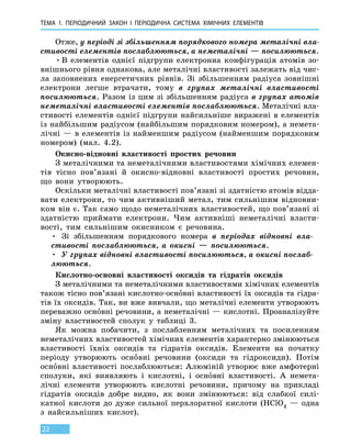 Тема 1. Періодичний закон і 
пер
іодична
с
истема
х
імічних 
е
лементів
22
Отже, у періоді зі збільшенням порядкового номера металічні вла­
стивості елементів послаблюються, а неметалічні — посилюються.
•	В елементів однієї підгрупи електронна конфігурація атомів зо-
внішнього рівня однакова, але металічні властивості залежать від чис-
ла заповнених енергетичних рівнів. Зі збільшенням радіуса зовнішні
електрони легше втрачати, тому в групах металічні властивості
посилюються. Разом із цим зі збільшенням радіуса в групах атомів
неметалічні властивості елементів послаблюються. Металічні вла-
стивості елементів однієї підгрупи найсильніше виражені в елементів
із найбільшим радіусом (найбільшим порядковим номером), а немета-
лічні — в елементів із найменшим радіусом (найменшим порядковим
номером) (мал. 4.2).
Окисно-відновні властивості простих речовин
З металічними та неметалічними властивостями хімічних елемен-
тів тісно пов’язані й окисно-відновні властивості простих речовин,
що вони утворюють.
Оскільки металічні властивості пов’язані зі здатністю атомів відда-
вати електрони, то чим активніший метал, тим сильнішим відновни-
ком він є. Так само щодо неметалічних властивостей, що пов’язані зі
здатністю приймати електрони. Чим активніші неметалічні власти-
вості, тим сильнішим окисником є речовина.
•	 Зі збільшенням порядкового номера в періодах відновні вла­
стивості послаблюються, а окисні — посилюються.
•	 У групах відновні властивості посилюються, а окисні послаб­
люються.
Кислотно-основні властивості оксидів та гідратів оксидів
З металічними та неметалічними властивостями хімічних елементів
також тісно пов’язані кислотно-основні властивості їх оксидів та гідра-
тів їх оксидів. Так, ви вже вивчали, що металічні елементи утворюють
переважно основні речовини, а неметалічні — кислотні. Проаналізуйте
зміну властивостей сполук у таблиці 3.
Як можна побачити, з послабленням металічних та посиленням
неметалічних властивостей хімічних елементів характерно змінюються
властивості їхніх оксидів та гідратів оксидів. Елементи на початку
періоду утворюють основні речовини (оксиди та гідроксиди). Потім
основні властивості послаблюються: Алюміній утворює вже амфотерні
сполуки, які виявляють і кислотні, і основні властивості. А немета-
лічні елементи утворюють кислотні речовини, причому на прикладі
гідратів оксидів добре видно, як вони змінюються: від слабкої силі-
катної кислоти до дуже сильної перхлоратної кислоти (HClO4 — одна
з найсильніших кислот).
 
