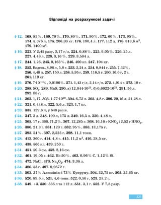 221
Відповіді на розрахункові задачі
§ 12.	168. 85 %. 169. 70 %. 170. 80 %. 171. 90 %. 172. 60 %. 173. 95 %.
174. 5,376 л. 175. 206,08 кг. 176. 190,4 л. 177. 112 л. 178. 313,6 м3.
179. 1400 м3.
§ 16.	223. У 2,45 разу, 3,17 г/л. 224. 0,88 %. 225. 9,05 %. 226. 25 л.
227. 4,48 л. 228. 3,16 %. 229. 3,584 л.
§ 17.	244. 1,26. 245. 0,163 %. 246. 400 кг. 247. 104 кг.
§ 18.	252. Водень, 8,96 л, 5,8 г. 253. 2,24 л. 254. 0,844 г. 255. 7,32 %.
256. 4,48 л. 257. 150 л. 258. 5,95 г. 259. 116,5 г. 260. 16,6 г, 2 г.
261. 119 кг.
§ 19.	270. 7∙10–4
 
%, 0,0106 %. 271. 1,43 г/л, 2,14 г/л. 272. 4,914 г. 273. 10 г.
§ 20.	288. SO2. 289. MnS. 290. а) 12,044∙1023, б) 0,6022∙1023. 291. 56 л.
292. 88 г.
§ 21.	302. 1,17. 303. 1,77∙1020. 304. 6,72 л. 305. 4,8 г. 306. 20,16 л, 21,28 л.
§ 22.	321. 0,448 л. 322. 5,6 л. 323. 1,7 кг.
§ 23.	335. 129,6 л, у 648 разів.
§ 24.	347. 3 л. 348. 100 л, 175 л. 349. 16,5 л. 350. 4,48 л.
§ 25.	365. 17 г. 366. 71,2 %. 367. 12,285 г. 368. 16,16 г KNO3 і 2,52 г HNO3.
§ 26.	380. 21,3 г. 381. 120 г. 382. 95 %. 383. 13,175 г.
§ 27.	395. 54 %. 397. 2,525 г. 398. 11,1 тонн.
§ 28.	413. 360 г. 414. 4,8 г. 415. 11,2 м3. 416. 28,5 кг.
§ 30.	438. 566 кг. 439. 250 г.
§ 31.	451. 50,3 см. 452. 2,16 см.
§ 32.	461. 19,05 г. 462. По 50 %. 463. 0,96 % С, 1,12 % Si.
§ 33.	472. NaCl. 473. Na2O2. 474. 3,36 л.
§ 34.	486. 53 г. 487. 0,0672 г.
§ 35.	503. 27 % Алюмінію і 73 % Купруму. 504. 32,75 кг. 505. 25,65 кг.
§ 36.	520. 89,6 л. 521. 4,6 тонн. 522. 0,56 г. 523. 25,2 г.
§ 38.	549. +3. 550. 336 л та 112 л. 551. 3,1 г. 552. У 7,8 разу.
 