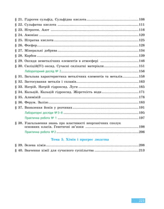 223
§ 21. Гідроген сульфід. Сульфідна кислота..............................................108
§ 22. Сульфатна кислота
.
......................................................................111
§ 23. Нітроген. Азот
.
............................................................................116
§ 24. Амоніак.......................................................................................120
§ 25. Нітратна кислота..........................................................................125
§ 26. Фосфор........................................................................................128
§ 27. Мінеральні добрива.......................................................................134
§ 28. Карбон.........................................................................................139
§ 29. Оксиди неметалічних елементів в атмосфері
.
.................................146
§ 30. Силіцій(IV) оксид. Сучасні силікатні матеріали...............................151
	
Лабораторний дослід № 2....................................................................156
§ 31. Загальна характеристика металічних елементів та  металів...............158
§ 32. Застосування металів і сплавів.......................................................163
§ 33. Натрій. Натрій гідроксид. Луги.....................................................165
§ 34. Кальцій. Кальцій гідроксид. Жорсткість води.................................171
§ 35. Алюміній.....................................................................................178
§ 36. Ферум. Залізо...............................................................................183
§ 37. Виявлення йонів у розчинах..........................................................191
	
Лабораторні досліди № 3–8..................................................................195
	
Практична робота № 1.......................................................................197
§ 38.

Узагальнення знань про властивості неорганічних сполук
основних класів. Генетичні зв’язки
.
..............................................198
	
Практична робота № 2........................................................................206
Тема 5. Хімія і прогрес людства
§ 39. Зелена хімія.................................................................................208
§ 40. Значення хімії для сучасного суспільства.......................................213
 