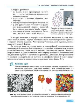 § 9.
К
ристалічний і аморфний стани твердих речовин
45
Аморфні речовини:
• не мають чіткої просторової структу-
ри — структурні одиниці розташовані
невпорядковано;
• плавляться в певному діапазоні тем-
ператур;
• за нагрівання спочатку розм’якшуються;
• у разі руйнування утворюються улам-
ки неправильної форми, зазвичай
із  нерівною поверхнею країв сколу;
• приклади речовин: скло, смоли, бурш-
тин, застиглі лаки, клеї, кау­чук.
Аморфні речовини за внутрішньою будовою нагадують рідини, тіль-
ки не можуть текти. Під час нагрівання вони поступово розм’якшуються
і нарешті стають рідкими. Аморфним речовинам, як і рідинам, можна
надати будь-якої форми.
За певних умов речовина може з кристалічної перетворюватися
на аморфну, і навпаки. Звичайне скло — аморфна речовина, але з часом
силіцій(IV) оксид у його складі набуває кристалічної форми. Через це
старі склянки під час наливання в них окропу лопаються набагато часті-
ше, ніж нові. Цукор — кристалічна речовина. Але якщо його розплавити
та швидко охолодити, то він застигає в аморфному стані. З такого цукру
можна виготовляти льодяники, карамельки тощо (мал. 9.1).
Ключова ідея
Для аморфних речовин порядок у розташуванні частинок характерний тільки
на відстані однієї-двох структурних частинок. У кристалічних речовинах по-
рядок розташування частинок характерний для всього об’єму монокристала.
Аморфні речовини не мають
чіткої просторової структури,
а утворені з невпорядкованих
частинок (атомів чи молекул)
Скло
Мал. 9.1. Кристалічний цукор (а) після розплавляння та швидкого охолодження стає
аморфною речовиною, з якої легко виготовляти льодяники (б) та карамельки (в)
а б в
 