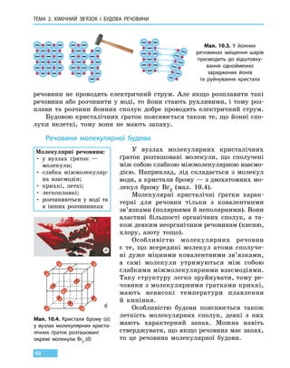 Тема 2. Хімічний зв’язок і
бу
дова
речов
ини
48
речовини не проводять електричний струм. Але якщо розплавити такі
речовини або розчинити у воді, то йони стають рухливими, і тому роз-
плави та розчини йонних сполук добре проводять електричний струм.
Будовою кристалічних ґраток пояснюється також те, що йонні спо-
луки нелеткі, тому вони не мають запаху.
Речовини молекулярної будови
У вузлах молекулярних кристалічних
ґраток розташовані молекули, що сполучені
між собою слабкою міжмолекулярною взаємо-
дією. Наприклад, лід складається з молекул
води, а кристали брому — з двох­атомних мо-
лекул брому Br2 (мал. 10.4).
Молекулярні кристалічні ґратки харак-
терні для речовин тільки з  ковалентними
зв’язками (полярними й неполярними). Вони
властиві більшості органічних сполук, а та-
кож деяким неорганічним речовинам (кисню,
хлору, азоту тощо).
Особливістю молекулярних речовин
є те, що всередині молекул атоми сполуче-
ні дуже міцними ковалентними зв’язками,
а самі молекули утримуються між собою
слабкими міжмолекулярними взаємодіями.
Таку структуру легко зруйнувати, тому ре-
човини з молекулярними ґратками крихкі,
мають невисокі температури плавлення
й  кипіння.
Особливістю будови пояснюється також
леткість молекулярних сполук, деякі з них
мають характерний запах. Можна навіть
стверджувати, що якщо речовина має запах,
то це речовина молекулярної будови.
Молекулярні речовини:
• у вузлах ґраток —
молекули;
• слабка міжмолекуляр-
на взаємодія;
• крихкі, леткі;
• легкоплавкі;
• розчиняються у воді та
в інших розчинниках
Мал. 10.4. Кристали брому  (а);
у вузлах молекулярних криста-
лічних ґраток розташовані
окремі молекули Br2 (б)
а
б
Мал. 10.3. У йонних
речовинах зміщення шарів
призводить до відштовху-
вання однойменно
заряджених йонів
та руйнування кристала
 