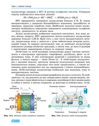 ТЕМА 3. ХІМІЧНІ РЕАКЦІЇ
76
акумулятора занурені в 33%-й розчин сульфатної кислоти. Генерація
струму відбувається внаслідок реакції:
Pb + PbО2 (тв.) + 4H+ + 2SO4
2−
→ 2PbSO4 (тв.) + 2H2O
ЕРС зарядженого свинцевого акумулятора близько 2 В. Їх також
використовують у джерелах безперебійного живлення, тролейбусах та
трамваях, морських кораблях тощо. Найбільші недоліки таких акуму-
ляторів: необхідність періодично замінювати концентровану сульфатну
кислоту, громіздкість та велика маса.
Лужні акумулятори позбавлені недоліків кислотних. Але вони да-
ють меншу напругу: ЕРС зарядженого нікель-кадмієвого акумулятора
дорівнює близько 1,36 В. Крім того, у них часто використовують мета-
ли, потрапляння яких у довкілля є дуже небезпечним (зокрема ртуть,
кадмій тощо). Їх широко застосовують там, де необхідні акумулятори
невеликого розміру (побутові прилади), а також там, де маса й розміри
є критичними параметрами (літаки та підводні човни).
Літій-іонні та літій-полімерні акумулятори дедалі частіше застосо-
вують в електронних пристроях: смартфонах, ноутбуках, фото- та  ві-
деокамерах тощо. У них електродами зазвичай є алюмінієва та мідна
фольга, а носієм заряду — йони Літію Li+. У літій-іонних акумулято-
рів є значний недолік: протягом тривалої експлуатації всередині них
накопичується водень, унаслідок чого вони «розпухають», а також по-
чинають дуже нагріватися під час зарядження і стають вогненебезпеч-
ними. Літій-полімерні акумулятори позбавлені цих недоліків, тому їх
використовують частіше.
Останнім часом почали активно розробляти паливні елементи. Їх особ­
ливістю є те, що реагенти до них потрапляють ззовні: паливо (водень, ме-
тан, метанол тощо) зберігається в окремому контейнері (і його можна взяти
із собою в запас), а кисень потрапляє до реактора із повітря (мал. 14.3).
Електроакумулятор
Мал. 14.3. Загальна схема паливного елемента Мал. 14.4. Загальна схема електромобіля
Потік
електронів
Електроліт
КатодАнод
Водень Кисень
Вода
ОН–
Двигун
Резервуар із воднемПеремикач
Паливний елемент
 