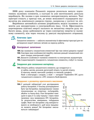 § 14. Хімічні джерела електричного струму
77
2006 року компанія Panasonic першою розпочала випуск порта-
тивних паливних елементів, а сьогодні їх уже виготовляють декілька
виробників. Як паливо в цих елементах використовують метанол. Такі
пристрої стануть у пригоді там, де немає можливості підзарядити аку-
мулятор від зовнішнього джерела струму, наприклад у пустелі чи лісі.
Виробники автомобілів активно розробляють моделі паливних еле-
ментів для використання в електромобілях (мал. 14.4). Ефективність
перетворення хімічної енергії пального на механічну енергію руху на-
багато вища, якщо здійснювати це через електричну енергію (у палив-
ному елементі), ніж через теплову (у двигуні внутрішнього згоряння).
Ключова ідея
Гальванічні елементи — набагато економічніші й ефективніші пристрої для пе-
ретворення енергії хімічних зв’язків на корисну роботу.
Контрольні запитання
189.	Що називають гальванічним елементом? Що таке хімічні джерела струму?
190.	Унаслідок яких особливостей перебігу хімічних реакцій гальванічний еле-
мент генерує електричний струм?
191.	Визначте особливості паливних елементів та електричних акумуляторів.
192.	Схарактеризуйте поширеність гальванічних елементів у побуті та техніці.
Завдання для засвоєння матеріалу
193.	Опишіть роботу гальванічного елемента, що складається з:
	 а) срібла, магнію, розчинів аргентум(I) нітрату та магній нітрату;
	 б) мангану, нікелю, манган(ІІ) сульфату та нікель(ІІ) сульфату.
	 Який з електродів є анодом, а який — катодом? Порівняйте ЕРС цього
гальванічного елемента з ЕРС елемента Якобі-Даніеля.
Завдання з розвитку критичного мислення
194.	У шкільній лабораторії учні досліджували
роботу батарейок. У їхньому розпорядженні
було три батарейки, промаркованих такими
позначеннями на етикетках: rechargeable,
alkaline та heavy-duty. Різні батарейки помі-
щали в одну й ту саму іграшку і через певні
проміжки часу вимірювали ЕРС батарейок.
За результатами вимірювань побудували
графік. Який тип батарейок слід використо-
вувати за необхідності, щоб вона працюва-
ла якомога довше? Які батарейки «висна-
жаться» найшвидше?
ЕРС,В
Rechargeable
Alkaline
Час, год
0
0,9
1,1
1,3
1,4
1,2
1,0
1 2 3 4 5 6
Heavy-
duty
 