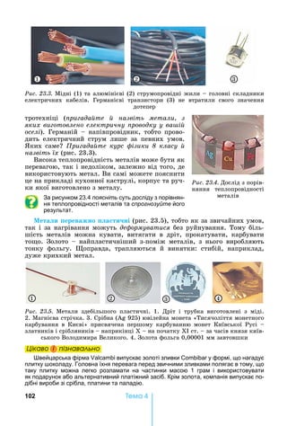 102 Òåìà 4
тротехніці	 ( ри ада те назвіть метали з
яких ви отовлено електричну роводку у ва і
оселі).	 Германій	 	 напівпровідник,	 тобто	 прово-
дить	 електричний	 струм	 лише	 за	 певних	 умов.	
ких	саме 	 ри ада те курс ізики класу
назвіть їх (рис.	23.3).
Висока	теплопровідність	металів	може	бути	як	
перевагою,	так	і	недоліком,	залежно	від	того,	де	
використовують	метал.	Ви	самі	можете	пояснити	
це	на	прикладі	кухонної	каструлі,	корпус	та	руч-
ки	якої	виготовлено	з	металу.
За рисунком 23.4 поясніть суть досліду з порівнян-
ня теплопровідності металів та спрогнозуйте його
результат.
Мета и ереважно а ти ні	(рис.	23.5),	тобто	як	за	звичайних	умов,	
так	і	за	нагрівання	можуть	äåôîðìóâàòèñÿ	без	руйнування.	Тому	біль-
шість	 металів	 можна	 кувати,	 витягати	 в	 дріт,	 прокатувати,	 карбувати	
то о.	 Золото	 	 найпластичніший	 з-поміж	 металів,	 з	 нього	 виробляють	
тонку	 фольгу.	 оправда,	 трапляються	 й	 винятки:	 стибій,	 наприклад,	
дуже	крихкий	метал.
1 2 3 4
Ðèñ. 23.5.	 Метали	 здебільшого	 пластичні.	 1.	 Дріт	 і	 трубка	 виготовлені	 з	 міді.	
2.	Магнієва	стрічка.	3.	Срібна	( 	925)	ювілейна	монета	«Тисячоліття	монетного	
карбування	 в	 Києві»	 присвячена	 першому	 карбуванню	 монет	 Київської	 Русі	 	
златників	і	срібляників	 	наприкінці	Х	 	на	початку	Х 	ст.	 	за	часів	князя	київ-
ського	Володимира	Великого.	4.	Золота	фольга	0,00001	мм	завтовшки
Öіêаво і ïіçнаваëüно
вейцарська фірма випускає золоті зливки у формі, що нагадує
плитку околаду. Головна їхня перевага перед звичними зливками полягає в тому, що
таку плитку можна легко розламати на частинки масою 1 грам і використовувати
як подарунок або альтернативний платіжний засіб. Крім золота, компанія випускає по-
дібні вироби зі срібла, платини та паладію.
Öіêаво і ïіçнаваëüноÖіêаво і ïіçнаваëüноÖіêаво і ïіçнаваëüноÖіêаво і ïіçнаваëüно
Ðèñ. 23.4.	Дослід	з	порів-
няння	 теплопровідності	
металів
Ðèñ. 23.3.	Мідні	(1)	та	алюмінієві	(2)	струмопровідні	жили	 	головні	складники	
електричних	 кабелів.	 Германієві	 транзистори	 (3)	 не	 втратили	 свого	 значення	
дотепер
1 2 3
 
