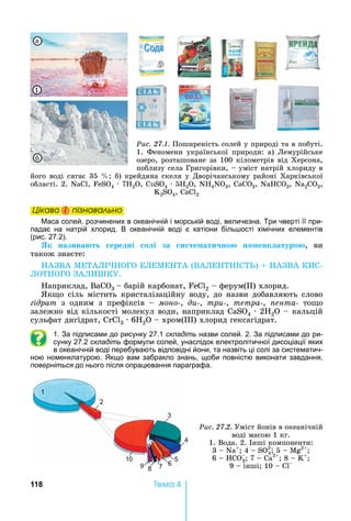 118 Òåìà 4
Ðèñ. 27.1.	Поширеність	солей	у	природі	та	в	побуті.	
1.	 Феномени	 української	 природи:	 а)	 Лемурійське	
озеро,	розташоване	за	100	кілометрів	від	Херсона,	
поблизу	села	Григорівки,	 	уміст	натрій	хлориду	в	
його	воді	сягає	35	 	б)	крейдяна	скеля	у	Дворічанському	районі	Харківської	
області.	2.	N ,	 S 4	 	7 2 ,	 S 4	 	5 2 ,	N 4NO3,	 3,	N 3,	N 2CO3,	
K2SO4,	 2
1
б
à
Öіêаво і ïіçнаваëüно
аса солей, розчинених в океанічній і морській воді, величезна. Три чверті її при-
падає на натрій хлорид. В океанічній воді є катіони біль ості хімічних елементів
(рис. 27.2).
Як назива т ередні о і за и те ати но но енк атуро , âè
також	знаєте:
АЗВА	МЕТАЛ ОГО	ЕЛЕМЕ ТА	(ВАЛЕ Т СТЬ)	 	 АЗВА	К С-
ЛОТ ОГО	ЗАЛ ШКУ.
априклад,	В С 3	 	барій	карбонат,	 2	 	ферум( )	хлорид.
к о	сіль	містить	кристалізаційну	воду,	до	назви	добавляють	слово	
ідрат	 з	 одним	 з	 префіксів	 	 ìîíî-,	 äè-,	 òðè-,	 òåòðà-,	 ïåíòà-	 то о	
залежно	від	кількості	молекул	води,	наприклад	 S 4	 	2 2 	 	кальцій	
сульфат	дигідрат,	 3	 	6 2 	 	хром( )	хлорид	гексагідрат.
1. За підписами до рисунку 27.1 складіть назви солей. 2. За підписами до ри-
сунку 27.2 складіть формули солей, унаслідок електролітичної дисоціації яких
в океанічній воді перебувають відповідні йони, та назвіть ці солі за систематич-
ною номенклатурою. кщо вам забракло знань, щоби повністю виконати завдання,
поверніться до нього після опрацювання параграфа.
Ðèñ. 27.2.	Уміст	йонів	в	океанічній	
воді	масою	1	кг.
1.	Вода.	2.	 нші	компоненти:	
3	 	N +
	4	 	S 2
4 	5	 	 2
6	 	 3 	7	 	 2
	8	 	 +
9	 	інші 	10	 	
1
2
3
4
5
678
10
9
Öіêаво і ïіçнаваëüноÖіêаво і ïіçнаваëüноÖіêаво і ïіçнаваëüноÖіêаво і ïіçнаваëüно
 