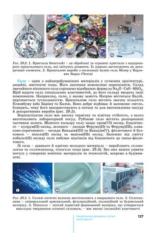 127е р анічні реч н а ні
а і
Ðèñ. 29.2.	1.	Кристали	S 	 	це	оброблені	та	огранені	кристали	з	надпрозо-
рого	кришталевого	скла,	які	імітують	діаманти.	 х	широко	застосовують	як	деко-
ративні	елементи.	2.	Кришталеві	вироби	з	експозиції	музею	скла	Мозер	у	Карло-
вих	Варах	( ехія)
1 2
к о	 	один	з	найзатребуваніших	матеріалів	у	сучасних	архітектурі,	
дизайні,	мистецтві	то о.	 ого	значення	неможливо	переоцінити.	Склад	
звичайного	віконного	скла	спро ено	відображає	формула	N 2 		 		6S 2.	
об	надати	склу	спеціальних	властивостей,	до	його	складу	вводять	інші	
компоненти.	 априклад,	скло,	у	якому	замість	 атрію	міститься	Калій,	
вирізняється	тугоплавкістю.	Кришталеве	скло	містить	значну	кількість	
Плюмбуму	(або	 арію)	та	Калію.	Воно	добре	відбиває	й	заломлює	світло,	
бли ить,	тому	його	використовують	в	оптиці	та	для	виготовлення	посуду	
й	декоративних	виробів	(рис.	29.2).	
оросилікатне	скло	має	високу	термічну	та	хімічну	стійкість,	з	нього	
виготовляють	 лабораторний	 посуд.	 Рубінове	 скло	 містить	 розпорошені	
частинки	золота.	 овтого	кольору	склу	надає	хром( I)	оксид,	блакитно-
го			 	купрум( )	оксид,	зеленого	 	оксиди	Феруму( )	та	Феруму( ),	олив-
ково-коричневого	 	оксиди	Ванадію( )	та	Ванадію( ),	фіолетового	й	буз-
кового	 	 нікель( )	 оксид	 та	 манган( )	 оксид.	 Залежно	 від	 умісту	
кобальт( )	оксиду	скло	набуває	відтінків	від	блакитного	до	синьо-фіоле-
тового.
Зі	скла	 	давнього	й	одвічно	молодого	матеріалу	 	виробляють	склово-
локна та склотканину іноскло то о	(рис.	29.3). ез	них	важко	уявити	
поступ	у	створенні	новітніх	матеріалів	та	технологій,	зокрема	в	будівни-
цтві.
Ðèñ. 29.3.	1.	Скляні	оптичні	волокна	виготовляють	з	кварцового	скла.	2.	Склотка-
нина	 	універсальний	армувальний,	фільтраційний,	ізоляційний	та	будівельний	
матеріал.	3.	Піноскло	 	легкий	пористий	формований	матеріал,	 о	утворюється	
внаслідок	тверднення	спіненої	скломаси,	 	має	високі	ізоляційні	властивості
1 2 3
 