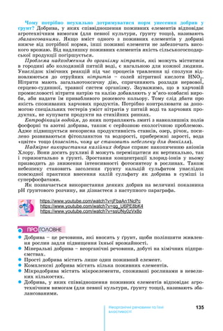 135е р анічні реч н а ні
а і
о у отрібно неухи но дотри увати нор уне енн добрив у
рунт 	Добрива,	у	яких	співвідношення	поживних	елементів	відповідає	
агротехнічним	 вимогам	 (для	 певної	 культури,	 рунту	 то о),	 називають	
з алансованими.	 к о	 вміст	 одного	 з	 поживних	 елементів	 у	 добриві	
нижче	від	потрібної	норми,	інші	поживні	елементи	не	забезпечать	висо-
кого	врожаю.	Від	надлишку	поживних	елементів	якість	сільськогосподар-
ської	продукції	погіршується.	
ро лема надход ення до ор анізму нітратів,	які	можуть	міститися	
в	городині	або	колодязній	питній	воді,	є	нагальною	для	кожної	людини.	
Унаслідок	хімічних	реакцій	під	час	процесів	травлення	ці	сполуки	від-
новлюються	 до	 отруйних	 нітритів 	 солей	 нітритної	 кислоти	 N 2.	
ітрити	 мають	 загальнотоксичну	 дію,	 спричиняють	 розлади	 нервової,	
серцево-судинної,	 травної	 систем	 організму.	 Зауважимо,	 о	 в	 харчовій	
промисловості	нітрити	натрію	та	калію	добавляють	у	м’ясо-ковбасні	виро-
би,	аби	надати	їм	привабливого	рожевого	кольору.	Тому	слід	дбати	про	
якість	споживаних	харчових	продуктів.	Потрібно	контролювати	за	допо-
могою	спеціальних	тестерів	уміст	нітратів	у	питній	воді	та	харчових	про-
дуктах,	не	купувати	продукти	на	стихійних	ринках.
втро ікація водо м,	до	яких	потрапляють	змиті	з	навколишніх	полів	
фосфорні	та	азотні	добрива,	також	є	серйозною	екологічною	проблемою.	
Адже	підви ується	некорисна	продуктивність	ставків,	озер,	річок,	поси-
лено	розвиваються	фітопланктон	та	водорості,	прибережні	зарості,	вода	
«цвіте»	то о	( оясніть чому це становить не ез еку для довкілля).	
Надмірне використання калі них до рив	сприяє	накопиченню	аніонів	
Хлору.	Вони	досить	рухливі	й	можуть	перемі атися	як	вертикально,	так	
і	 горизонтально	 в	 рунті.	 Зростання	 концентрації	 хлорид-іонів	 у	 ньому	
призводить	 до	 зниження	 інтенсивності	 фотосинтезу	 в	 рослинах.	 Також	
небезпеку	 становить	 засолення	 рунту	 кальцій	 сульфатом	 унаслідок	
повсюдної	 практики	 внесення	 калій	 сульфату	 як	 добрива	 в	 суміші	 із	
суперфосфатами.
к	позначається	використання	деяких	добрив	на	величині	показника	
	 рунтового	розчину,	ви	дізнаєтеся	з	наступного	параграфа.
h : . . 1
: . . 6 8 4
: . . 0 8
z Добрива	 	це	речовини,	які	вносять	у	 рунт,	 оби	поліпшити	живлен-
ня	рослин	задля	підви ення	їхньої	врожайності.
z Мінеральні	добрива	 	неорганічні	речовини,	добуті	на	хімічних	підпри-
ємствах.
z Прості	добрива	містять	лише	один	поживний	елемент.
z Комплексні	добрива	містять	кілька	поживних	елементів.
z Мікродобрива	містять	мікроелементи,	споживані	рослинами	в	невели-
ких	кількостях.
z Добрива,	у	яких	співвідношення	поживних	елементів	відповідає	агро-
технічним	вимогам	(для	певної	культури,	 рунту	то о),	називають	зба-
лансованими.
ÏÐÎ ÃÎËÎÂÍÅ
 