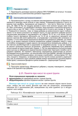 136 Òåìà 4
Ïеревірте сеáе
1. Перетворіть розповідні речення рубрики ПРО ГО ОВ Е на питальні. и може-
те ви відповісти на ці запитання без допомоги підручника
Çастосóйте свої çнання й óміння
2. Прокоментуйте з огляду на вивчене висловлювання науковців: а) Причина ви-
никнення й занепаду націй полягає в тому самому. Розкрадання родючості рунту зу-
мовлює їхню загибель, підтримання цієї родючості – їхнє життя, багатство та могут-
ність. Ю. Лібіх б) Під час продажу врожаю зі свого поля селянин продає саме поле.
Ю. Лібіх в) Речовина, що перебуває в мінімумі, керує врожаєм та визначає величину й
сталість його в часі. Ю. Лібіх г) Сіль є основою життя та росту всіх посівів. Б. Паліссі.
3. Поміркуйте й поясніть, чому: а) тверді добрива не можна вносити надто глибоко в
землю та не можна розсипати на поверхні рунту б) рідкі амоніачні добрива вносять
спеціальними ма инами й за паровують на глибину 10–12 см, а на легких рунтах
глибину їхнього закладення збіль ують до 14–18 см в) недоцільно змі увати солі
амонію з вапном або калій карбонатом, а суперфосфат з магнієвою або натрієвою се-
літрами г) та як саме можна раціонально використати мінеральні добрива, що злежа-
лися д) не можна поміщати етикетки мінеральних добрив усередину пакета з ними
ж) потрібно попереджати людей навколо про використання мінеральних добрив, а та-
кож хімічних засобів боротьби зі кідниками та хворобами рослин *з) під час перевір-
ки насіння соня ника багатьох вітчизняних і зарубіжних виробників було виявлено
значно вищий за припустимий уміст Кадмію. 4. Під час вирощування сільськогосподар-
ських культур на забруднених радіоактивними елементами територіях потрібно засто-
совувати прийоми, які сприяють змен енню надходження радіонуклідів до рослин.
Експериментально визначено, що кальцієлюбні культури (бобові, овочеві) поглинають
катіони Стронцію-90 біль ою мірою, ніж злакові, а калієлюбні – катіони езію-137. Оці-
ніть слу ність тверджень: а) вапнування кислих рунтів знижує рухомість радіонуклі-
дів у них б) унесення в рунт калійних добрив знижує проникнення в рослини радіону-
клідів езію, а внесення фосфатів лужних елементів – радіонуклідів Стронцію.
Творча майстерня
5. Підготуйте презентацію « інеральні добрива у на ому повсякденні», викорис-
тав и в ній прислів’я про добрива.
н р к і а ні р н
ля ац а я а а а а и
z а и р середовища кислих і лужних рунтів
z б а и причини існування кислих і лужних рунтів.
Пон тт ро ки і та ужні рунти	ви	вже	певною	мірою	маєте	(ïîÿñ-
ніть звідки та які саме).	 ільше	 про	 них	 ви	 дізнаєтеся,	 доповнивши	
таблицю	31.1	значеннями	р ,	наведеними	під	нею	(зро іть це о рун
ту те сві ви ір).
а лиця . .	Класифікація	 рунтів	за	величиною	показника	р 	
ру а рунтів Ве и ина
Сильно	кислі
Кислі	
Слабко	кислі	
 