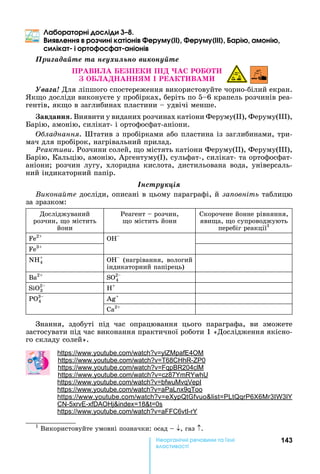 143е р анічні реч н а ні
а і
а ра рні і
енн р ч ні ка і ні ер м ер м арі ам ні
іка і р а ані ні
Ïðèãàäàéòå òà íåóõèëüíî âèêîíóéòå
П В П ПІ
ЯМ І В М
Óâàãà!	Для	ліпшого	спостереження	використовуйте	чорно-білий	екран.	
к о	досліди	виконуєте	у	пробірках,	беріть	по	5 6	крапель	розчинів	реа-
гентів,	як о	в	заглибинах	пластини	 	удвічі	менше.
авданн .	Виявити	у	виданих	розчинах	катіони	Феруму(II),	Феруму(III),	
арію,	амонію,	силікат-	і	ортофосфат-аніони.
ладнання.	Штатив	з	пробірками	або	пластина	із	заглибинами,	три-
мач	для	пробірок,	нагрівальний	прилад.
Ðåàêòèâè.	Розчини	солей,	 о	містять	катіони	Феруму(II),	Феруму(III),	
арію,	Кальцію,	амонію,	Аргентуму( ),	сульфат-,	силікат-	та	ортофосфат-
аніони 	розчин	лугу,	хлоридна	кислота,	дистильована	вода,	універсаль-
ний	індикаторний	папір.1
Інструкція
Âèêîíàéòå	досліди,	описані	в	цьому	параграфі,	й	за овніть	таблицю	
за	зразком:
Досліджуваний	
розчин,	 о	містить	
éîíè
Реагент	 	розчин,	
о	містить	йони	
Скорочене	йонне	рівняння,	
яви а,	 о	супроводжують	
перебіг	реакції1
Fe2
OH
Fe3
NH+
4 OH 	 (нагрівання,	 вологий	
індикаторний	папірець)
Ba2
SÎ2
4
SiO2
3 H+
PO3
4 Ag+
Ca2
Знання,	 здобуті	 під	 час	 опрацювання	 цього	 параграфа,	 ви	 зможете	
застосувати	під	час	виконання	практичної	роботи	1	«Дослідження	якісно-
го	складу	солей».
: . . 4
: . . 68 - 0
: . . 204
: . . 87
: . .
: . . 9
: . . 6 6 3 3
-5 - 18 0
: . . 6 -
1
	Використовуйте	умовні	позначки:	осад	 	 ,	газ	 .
 