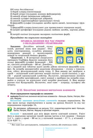 145е р анічні реч н а ні
а і
кти дослід ення:
1)	барій	хлорид	(інсектицид)
2)	барій	нітрат	(складник	зелених	фейєрверків)
3)	амоній	нітрат	(мінеральне	добриво)
4)	амоній	сульфат	(мінеральне	добриво)
5)	амоній	гідрогенкарбонат	(розпушувач	тіста)
6)	ферум( )	сульфат	(складник	засобів	проти	анемії,	інсектицид	і	фун-
гіцид)
7)	ферум( )	хлорид	(коагулянт	для	промислового	очи ення	води)
8)	натрій	ортофосфат	(складник	рідких	мийних	засобів,	харчова	добав-
ка)
9)	натрій	силікат	(складник	малярних	силікатних	фарб).
Ïðèãàäàéòå òà íåóõèëüíî âèêîíóéòå
П В П ПІ
ЯМ І В М
авданн .	 ослідіть	 якісний	 склад	
солей,	 розчини	 яких	 вам	 видано1
.	 Îïè-
іть	 спостереження,	 складіть	 рівняння	
відповідних	 реакцій	 у	 молекулярній,	
повній	та	скороченій	йонних	формах.
одатково.	1.	В	інструкції	лікарського	
препарату	Сорбіфер	Дурулес	наведено	його	
склад:	ферум(II)	сульфат	безводний	 	320	
мг,	кислота	аскорбінова	 	60	мг.	 оведіть,	
о	у	виданій	вам	таблетці	цього	засобу	дійсно	міститься	ферум( )	суль-
фат.	За	потреби	використайте	додаткове	обладнання	 	ступку	з	товкачи-
ком,	лійку,	фільтрувальний	папір	то о.	2.	Вам	видано	дві	пробірки:	в	
одній	 	силікатний	клей	(містить	натрій	силікат	і	калій	силікат),	у	дру-
гій					 	рідкий	крохмальний	клейстер.	Визначте,	використавши	якомога	
більше	способів	ідентифікації,	уміст	кожної	з	пробірок	(за	потреби	отри-
майте	 в	 учителя	 чи	 вчительки	 хімії	 потрібні	 реактиви).	 3.	 Вам	 видано	
розчин	солі	Купруму( ).	Визначте,	якої	саме	 	хлориду,	сульфату	або	
нітрату.
і ічне наченн ме а ічн е емен і
ля ац а я а а а а и
z ц и и біологічне значення металічних елементів – Кальцію, Калію, атрію, аг-
нію, еруму.
іо о і не зна енн ета і них е е ентів складно	 переоцінити.	 Ви	
вже	 мали	 нагоду	 пересвідчитися	 в	 цьому	 на	 уроках	 біології	 та	 під	 час	
опрацювання	параграфа	15.
За діаграмою, зображеною на рисунку 15.4, схарактеризуйте вміст Кальцію,
Калію, атрію, агнію, еруму в організмі людини.
а і 	 	 важливий	 для	 всіх	 форм	 життя	 хімічний	 елемент.	 Уміст	
його	в	людському	організмі	такий:	масова	частка	в	тілі	людини	 	близько	
1,4	 ,	уміст	у	крові	 	90	мг/л 	у	кістковій	тканині	 	17	 ,	у	м’язовій	 	
0,14 0,07	 .
1
	 кі	саме	солі	досліджувати,	повідомить	учитель	або	вчителька	хімії.
 