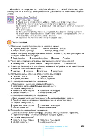 161е р анічні реч н а ні
а і
и іть	спостереження,	складіть	відповідні	хімічні	рівняння,	ïðîà-
налізу те	їх	з	погляду	електролітичної	дисоціації	та	окиснення віднов-
лення.		
Проектуймо! Творімо!
7. Штучні алмази в техніці.
8. Раціональне використання добрив і проблема охорони довкілля.
9. Запобігання негативному впливові нітратів на організм людини.
10.  Неорганічні  речовини  у  фармації  (або  домашній  аптечці)  і  харчовій 
промисловості.
11. Кислотні дощі.
12. Дослідження рН ґрунтів своєї місцевості. Складання карти родючості.
13. Властивості та застосування карбонатів, нітратів і ортофосфатів лужних 
і лужноземельних елементів, солей амонію.
14. Усунення тимчасової й постійної твердості води.
е к н р
1. азви ли е неметалічних елементів наведено в рядку
А Гідроген, ітроген, Оксиген Бор, Алюміній, Силіцій
атрій, Арсен, Сульфур Г Кальцій, Телур, Бром
2. кажіть алотропну модифікацію неметалічного елемента, яку використовують як
провідник електричного струму.
А білий фосфор червоний фосфор алмаз Г графіт
3. якій частині періодичної системи розта овані неметалічні елементи
А лівій верхній правій нижній правій верхній Г лівій нижній
4. Електронної конфігурації яких хімічних елементів набувають атоми неметалічних
елементів, приєднав и електрони
А інертних лужних галогенів Г металічних
5. айпо ирені ими хімічними елементами в земній корі є
А Оксиген, Силіцій Гідроген, Гелій
ітроген, Оксиген Г Карбон, Гідроген
6. Проаналізуйте наведені далі твердження.
І. Озон і кисень – алотропні видозміни Оксигену.
ІІ. міст озону в атмосфері біль ий за вміст азоту.
и є поміж них правильні
А правильне ли е пер е правильне ли е друге
обидва правильні Г немає правильних
7. Проаналізуйте наведені далі твердження.
І. Сірка складається із циклічних молекул 8, що мають форму корони.
ІІ. Ромбічна сірка за нагрівання перетворюється на моноклінну сірку.
и є поміж них правильні
А правильне ли е пер е правильне ли е друге
обидва правильні Г немає правильних
8. Проаналізуйте наведені далі твердження.
І. імічна активність білого фосфору мен а за хімічну активність червоного.
ІІ. ервоний фосфор – полімерна сполука складної будови.
и є поміж них правильні
А правильне ли е пер е правильне ли е друге
обидва правильні Г немає правильних
 