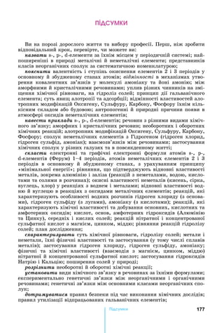 177і мк
Ви	на	порозі	дорослого	життя	та	вибору	професії.	Перш,	ніж	зробити	
відповідальний	крок,	перевірте,	чи	можете	ви:
íàçâàòè -,	 -,	 -елементи	за	їхнім	місцем	у	періодичній	системі 	най-
поширеніші	в	природі	металічні	й	неметалічні	елементи 	представників	
класів	неорганічних	сполук	за	систематичною	номенклатурою 	
пояснити	валентність	і	ступінь	окиснення	елементів	2	і	3	періодів	у	
основному	й	збудженому	станах	атомів відмінності â механізмах	утво-
ðåííÿ ковалентних	 зв’язків	 у	 молекулі	 амоніаку	 та	 йоні	 амонію 	 між	
аморфними	й	кристалічними	речовинами 	уплив	різних	чинників	на	змі-
ення	хімічної	рівноваги,	на	гідроліз	солей 	принцип	дії	гальванічного	
елемента 	суть	яви 	алотропії	та	адсорбції 	відмінності	властивостей	ало-
тропних	модифікацій	Оксигену,	Сульфуру,	Карбону,	Фосфору	їхнім	кіль-
кісним	складом	або	будовою 	антропогенні	й	природні	причини	появи	в	
атмосфері	оксидів	неметалічних	елементів
íàâåñòè ïðèêëàäè	 -,	 -,	 -елементів 	речовин	з	різними	видами	хіміч-
ного	зв’язку 	аморфних	і	кристалічних	речовин 	необоротних	і	оборотних	
хімічних	реакцій 	алотропних	модифікацій	Оксигену,	Сульфуру,	Карбону,	
Фосфору 	сполук	неметалічних	елементів	з	Гідрогеном	(гідроген	хлорид,	
гідроген	сульфід,	амоніак) 	взаємозв’язків	між	речовинами 	застосування	
хімічних	сполук	у	різних	галузях	та	в	повсякденному	житті
ñêëàñòè	 електронні	 та	 графічні	 електронні	 формули	 атомів	 -,	 -,	
-елементів	 (Ферум)	 1 4	 періодів,	 атомів	 неметалічних	 елементів	 2	 і	 3	
періодів	 в	 основному	 й	 збудженому	 станах,	 з	 урахуванням	 принципу	
«мінімальної	енергії» 	рівняння,	 о	підтверджують	відновні	властивості	
металів,	зокрема	алюмінію	і	заліза	(реакцій	з	неметалами,	водою,	кисло-
тами	та	солями	в	розчинах) 	окисні	властивості	неметалів	(кисень,	сірка,	
вуглець,	хлор)	у	реакціях	з	воднем	і	металами 	відновні	властивості	вод-
ню	й	вуглецю	в	реакціях	з	оксидами	металічних	елементів 	реакцій,	які	
характеризують	особливості	водних	розчинів	гідроген	хлориду	(з	основа-
ми),	гідроген	сульфіду	(з	лугами),	амоніаку	(з	кислотами) 	реакцій,	які	
характеризують	хімічні	властивості	та	добування	основних,	кислотних	та	
амфотерних	 оксидів 	 кислот,	 основ,	 амфотерних	 гідроксидів	 (Алюмінію	
та	 инку),	середніх	і	кислих	солей 	реакцій	нітратної	і	концентрованої	
сульфатної	кислот	з	магнієм,	цинком,	міддю 	рівняння	реакцій	гідролізу	
солей 	план	дослідження
ñõàðàêòåðèçóâàòè суть хімічної	рівноваги,	гідролізу	солей 	метали	і	
неметали,	їхні	фізичні	властивості	та	застосування	(у	тому	числі	сплавів	
металів) 	 застосування	 гідроген	 хлориду,	 гідроген	 сульфіду,	 амоніаку 	
фізичні	 та	 хімічні	 властивості	 (взаємодія	 з	 магнієм,	 цинком,	 міддю)	
нітратної	й	концентрованої	сульфатної	кислот 	застосування	гідроксидів	
атрію	і	Кальцію 	поширення	солей	у	природі
розрізнити необоротні	й	оборотні	хімічні	реакції
óñòàíîâèòè види	хімічного	зв’язку	в	речовинах	за	їхніми	формулами 	
експериментально	 генетичні	 зв’язки	 між	 неорганічними	 і	 органічними	
речовинами 	генетичні	зв’язки	між	основними	класами	неорганічних	спо-
лук 	
дотримуватися	правил	безпеки	під	час	виконання	хімічних	дослідів 	
правил	утилізації	відпрацьованих	гальванічних	елементів
 