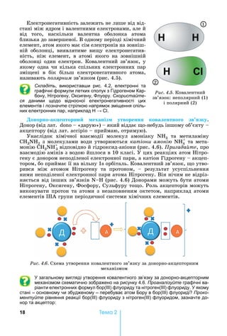 18 Òåìà 2
Електронегативність	залежить	не	лише	від	від-
стані	між	ядром	і	валентними	електронами,	але	й	
від	 того,	 наскільки	 валентна	 оболонка	 атома	
близька	до	завершеної.	В	одному	періоді	хімічний	
елемент,	атом	якого	має	сім	електронів	на	зовніш-
ній	 оболонці,	 виявлятиме	 ви у	 електронегатив-
ність,	 ніж	 елемент,	 в	 атомі	 якого	 на	 зовнішній	
оболонці	 один	 електрон.	 Ковалентний	 зв’язок,	 у	
якому	одна	чи	кілька	спільних	електронних	пар	
змі ені	 в	 бік	 більш	 електронегативного	 атома,	
називають	 олярним	зв’язком	(рис.	4.5).
Складіть, використав и рис. 4.2, електронні та
графічні формули летких сполук з Гідрогеном Кар-
бону, ітрогену, Оксигену, луору. Скористайте-
ся даними щодо відносної електронегативності цих
елементів і позначте стрілкою напрямок зміщення спіль-
них електронних пар, наприклад С .
онорно ак е торни еханіз утворенн кова ентно о зв зку.	
Донор	(від	лат.		 	 	«дарую»)	 	який	віддає	 о-небудь	іншому	об’єкту			 		
акцептору	(від	лат.	 	 	приймаю,	отримую).
Унаслідок	 хімічної	 взаємодії	 молекул	 амоніаку	 N 3	 та	 метиламіну	
CH3NH2	з	молекулами	води	утворюються	катіони амоні NH4
+
	та	мета-
монію	 3NH+
3	відповідно	й	гідроксид-аніони	(рис.	4.6).	Ïðèãàäàéòå,	про	
взаємодію	амінів	з	водою	йшлося	в	10	класі.	У	цих	реакціях	атом	 ітро-
гену	є	донором	неподіленої	електронної	пари,	а	катіон	Гідрогену	 	акцеп-
тором,	бо	приймає	її	на	вільну	1 	орбіталь.	Ковалентний	зв’язок,	 о	утво-
рився	 між	 атомом	 ітрогену	 та	 протоном,	 	 результат	 усуспільнення	
ними	неподіленої	електронної	пари	атома	 ітрогену.	Він	нічим	не	відріз-
няється	від	інших	зв’язків	N 	(рис.	4.6)	Донорами	можуть	бути	атоми	
ітрогену,	Оксигену,	Фосфору,	Сульфуру	то о.	Роль	акцепторів	можуть	
виконувати	протон	та	атоми	з	незаповненим	октетом,	наприклад	атоми	
елементів	IIIА	групи	періодичної	системи	хімічних	елементів.	
Ðèñ. 4.6. Схема	утворення	ковалентного	зв’язку	за	донорно-акцепторним	
механізмом
загальному вигляді утворення ковалентного зв’язку за донорно-акцепторним
механізмом схематично зображено на рисунку 4.6. Проаналізуйте графічні ва-
ріанти електронних формул бор(ІІІ) флуориду та нітроген(ІІІ) флуориду. якому
стані – основному чи збудженому – перебуває атом Бору в бор(ІІІ) флуориді Проко-
ментуйте рівняння реакції бор(ІІІ) флуориду з нітроген(ІІІ) флуоридом, зазначте до-
нор та акцептор:
Ðèñ. 4.5. Ковалентний	
зв’язок:	неполярний	(1)	
і	полярний	(2)
1
2
 