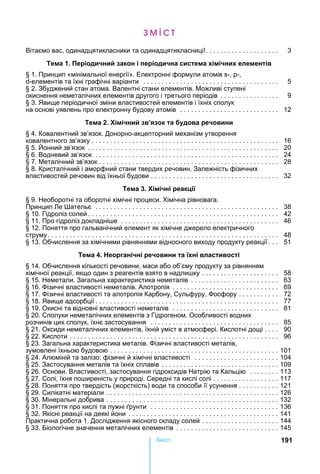 191мі
Вітаємо вас, одинадцятикласники та одинадцятикласниці . . . . . . . . . . . . . . . . . . . . 3
Тема . еріод н акон і період на с стема імі н елементів
§ 1. Принцип «мінімальної енергії». Електронні формули атомів -, -,
-елементів та їхні графічні варіанти . . . . . . . . . . . . . . . . . . . . . . . . . . . . . . . . . . . . . 5
§ 2. Збуджений стан атома. Валентні стани елементів. ожливі ступені
окиснення неметалічних елементів другого і третього періодів . . . . . . . . . . . . . . . . 9
§ 3. вище періодичної зміни властивостей елементів і їхніх сполук
на основі уявлень про електронну будову атомів . . . . . . . . . . . . . . . . . . . . . . . . . . . 12
Тема . Хімі н в я ок та дова ре ов н
§ 4. Ковалентний зв’язок. Донорно-акцепторний механізм утворення
ковалентного зв’язку . . . . . . . . . . . . . . . . . . . . . . . . . . . . . . . . . . . . . . . . . . . . . . . . . . . 16
§ 5. онний зв’язок . . . . . . . . . . . . . . . . . . . . . . . . . . . . . . . . . . . . . . . . . . . . . . . . . . . . 20
§ 6. Водневий зв’язок . . . . . . . . . . . . . . . . . . . . . . . . . . . . . . . . . . . . . . . . . . . . . . . . . . 24
§ 7. еталічний зв’язок . . . . . . . . . . . . . . . . . . . . . . . . . . . . . . . . . . . . . . . . . . . . . . . . . 28
§ 8. Кристалічний і аморфний стани твердих речовин. Залежність фізичних
властивостей речовин від їхньої будови . . . . . . . . . . . . . . . . . . . . . . . . . . . . . . . . . . . 32
Тема . Хімі ні реак і
§ 9. еоборотні та оборотні хімічні процеси. імічна рівновага.
Принцип е ательє . . . . . . . . . . . . . . . . . . . . . . . . . . . . . . . . . . . . . . . . . . . . . . . . . . 38
§ 10. Гідроліз солей . . . . . . . . . . . . . . . . . . . . . . . . . . . . . . . . . . . . . . . . . . . . . . . . . . . . 42
§ 11. Про гідроліз докладні е . . . . . . . . . . . . . . . . . . . . . . . . . . . . . . . . . . . . . . . . . . . 46
§ 12. Поняття про гальванічний елемент як хімічне джерело електричного
струму. . . . . . . . . . . . . . . . . . . . . . . . . . . . . . . . . . . . . . . . . . . . . . . . . . . . . . . . . . . . . . . 48
§ 13. Обчислення за хімічними рівняннями відносного виходу продукту реакції . . . 51
Тема . еоргані ні ре ов н та ні власт вості
§ 14. Обчислення кількості речовини, маси або об’єму продукту за рівнянням
хімічної реакції, якщо один з реагентів взято в надли ку . . . . . . . . . . . . . . . . . . . . . 58
§ 15. еметали. Загальна характеристика неметалів . . . . . . . . . . . . . . . . . . . . . . . . 63
§ 16. ізичні властивості неметалів. Алотропія . . . . . . . . . . . . . . . . . . . . . . . . . . . . . 69
§ 17. ізичні властивості та алотропія Карбону, Сульфуру, осфору . . . . . . . . . . . 72
§ 18. вище адсорбції . . . . . . . . . . . . . . . . . . . . . . . . . . . . . . . . . . . . . . . . . . . . . . . . . . 77
§ 19. Окисні та відновні властивості неметалів . . . . . . . . . . . . . . . . . . . . . . . . . . . . . 81
§ 20. Сполуки неметалічних елементів з Гідрогеном. Особливості водних
розчинів цих сполук, їхнє застосування . . . . . . . . . . . . . . . . . . . . . . . . . . . . . . . . . . . 85
§ 21. Оксиди неметалічних елементів, їхній уміст в атмосфері. Кислотні дощі . . . . 90
§ 22. Кислоти . . . . . . . . . . . . . . . . . . . . . . . . . . . . . . . . . . . . . . . . . . . . . . . . . . . . . . . . . 96
§ 23. Загальна характеристика металів. ізичні властивості металів,
зумовлені їхньою будовою . . . . . . . . . . . . . . . . . . . . . . . . . . . . . . . . . . . . . . . . . . . . . . 101
§ 24. Алюміній та залізо: фізичні й хімічні властивості . . . . . . . . . . . . . . . . . . . . . . . 104
§ 25. Застосування металів та їхніх сплавів . . . . . . . . . . . . . . . . . . . . . . . . . . . . . . . . 109
§ 26. Основи. Властивості, застосування гідроксидів атрію та Кальцію . . . . . . . . 113
§ 27. Солі, їхня по иреність у природі. Середні та кислі солі . . . . . . . . . . . . . . . . . . 117
§ 28. Поняття про твердість (жорсткість) води та способи її усунення . . . . . . . . . . . 121
§ 29. Силікатні матеріали . . . . . . . . . . . . . . . . . . . . . . . . . . . . . . . . . . . . . . . . . . . . . . . 126
§ 30. інеральні добрива . . . . . . . . . . . . . . . . . . . . . . . . . . . . . . . . . . . . . . . . . . . . . . . 132
§ 31. Поняття про кислі та лужні рунти . . . . . . . . . . . . . . . . . . . . . . . . . . . . . . . . . . . 136
§ 32. кісні реакції на деякі йони . . . . . . . . . . . . . . . . . . . . . . . . . . . . . . . . . . . . . . . . . 141
Практична робота 1. Дослідження якісного складу солей . . . . . . . . . . . . . . . . . . . . . 144
§ 33. Біологічне значення металічних елементів . . . . . . . . . . . . . . . . . . . . . . . . . . . . 145
 